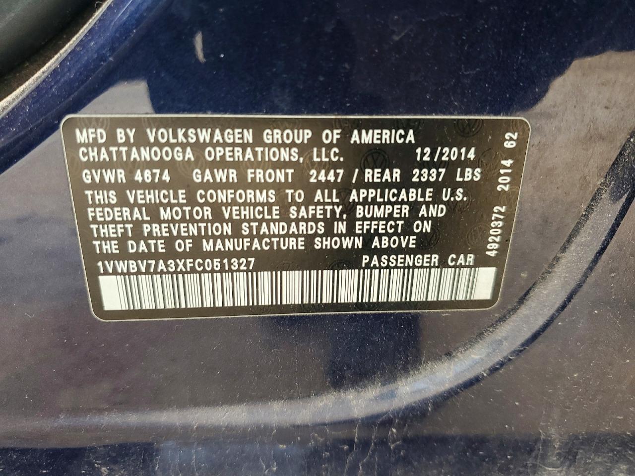 2015 Volkswagen Passat Se Blue vin: 1VWBV7A3XFC051327