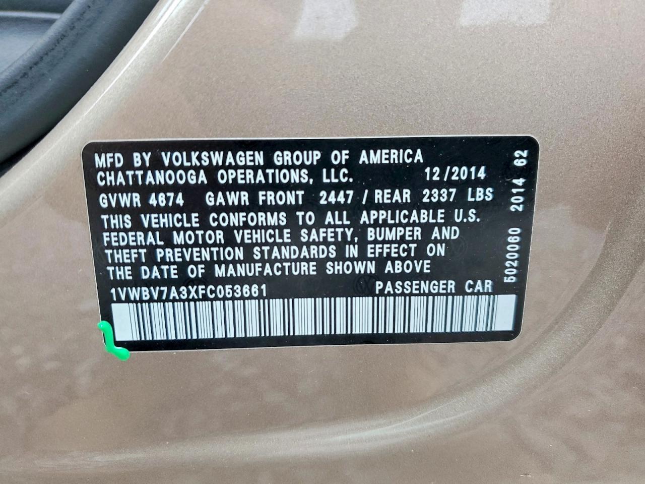 2015 Volkswagen Passat Se Tan vin: 1VWBV7A3XFC053661