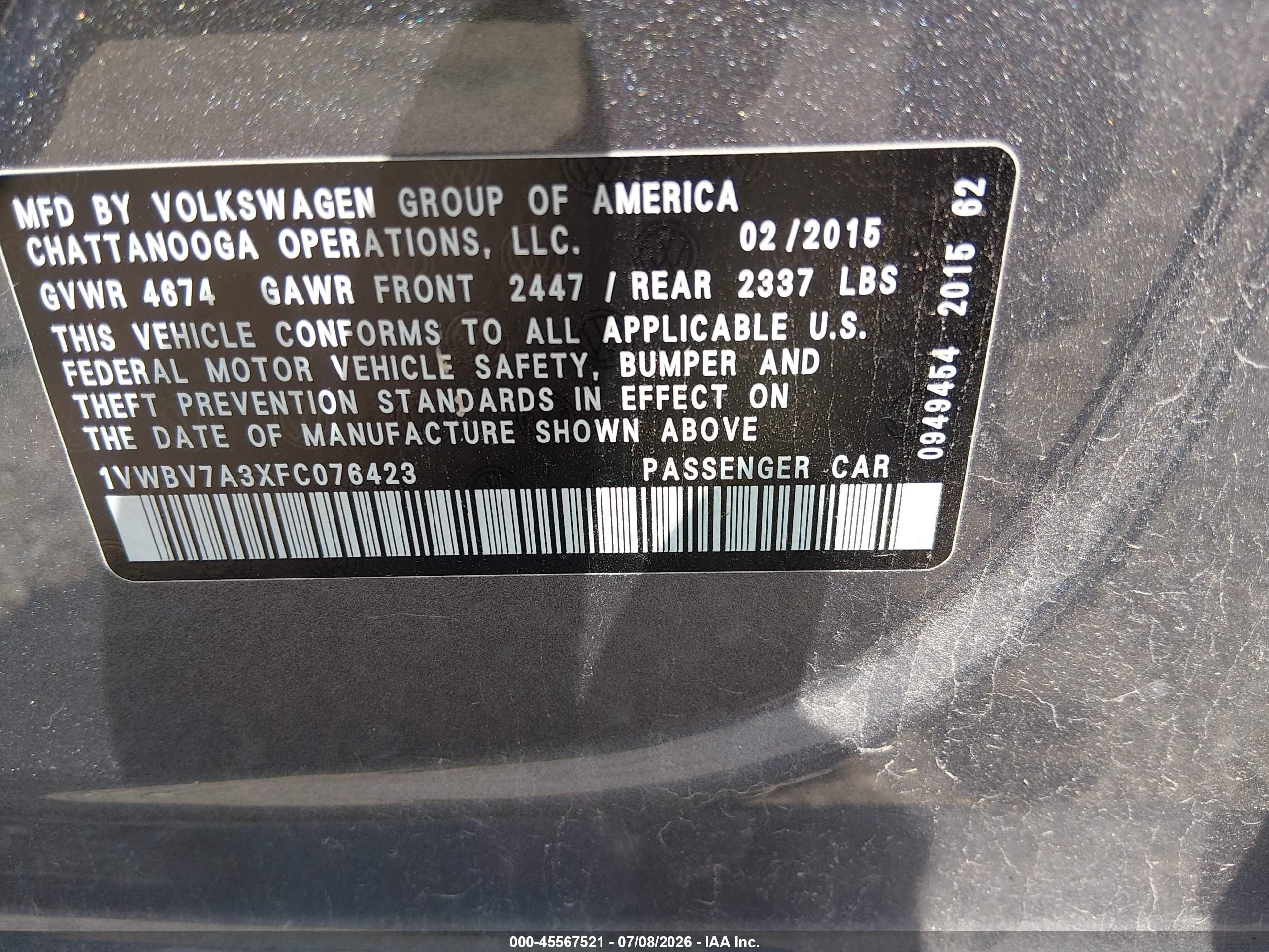 2015 Volkswagen Passat 2.0l Tdi Se Gray vin: 1VWBV7A3XFC076423