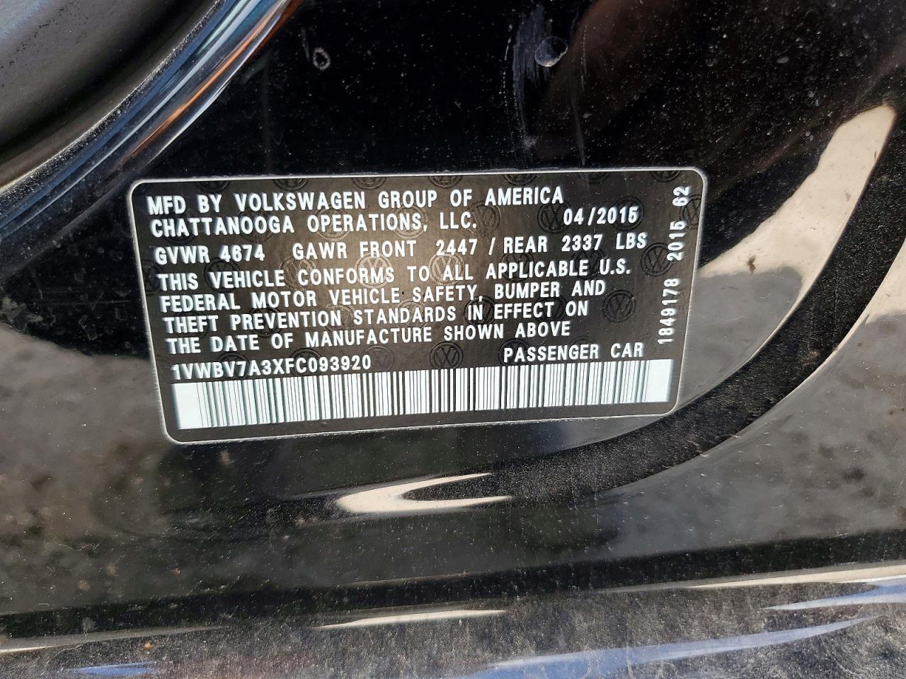 2015 Volkswagen Passat Se Black vin: 1VWBV7A3XFC093920