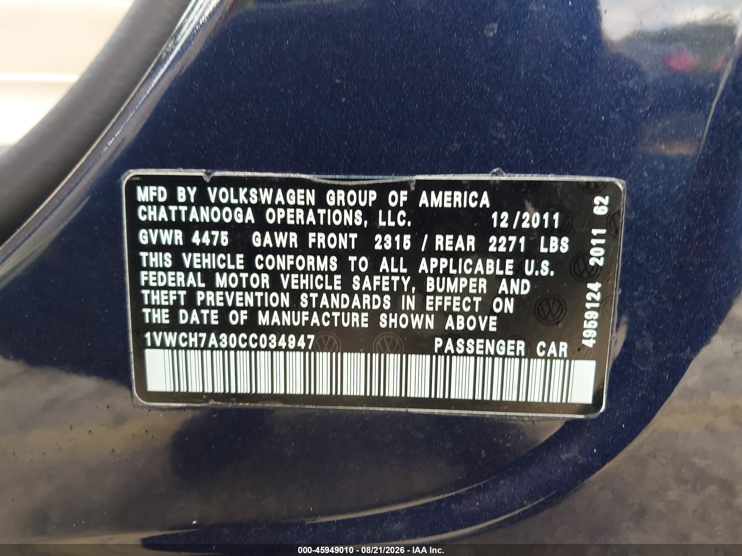 2012 Volkswagen Passat 2.5l Sel Dark Blue vin: 1VWCH7A30CC034947
