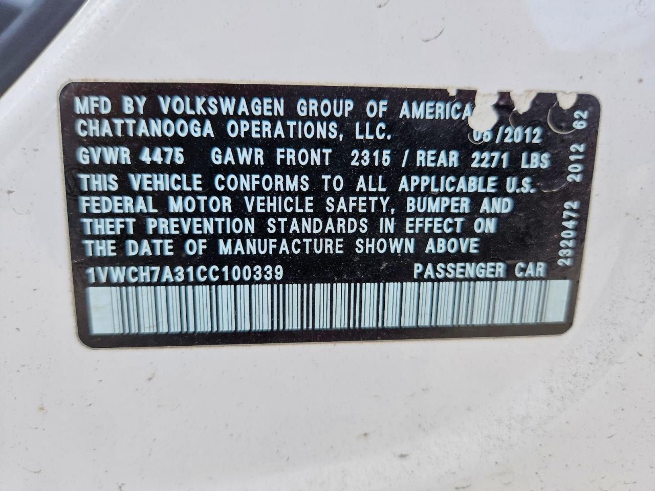 2012 Volkswagen Passat Sel White vin: 1VWCH7A31CC100339