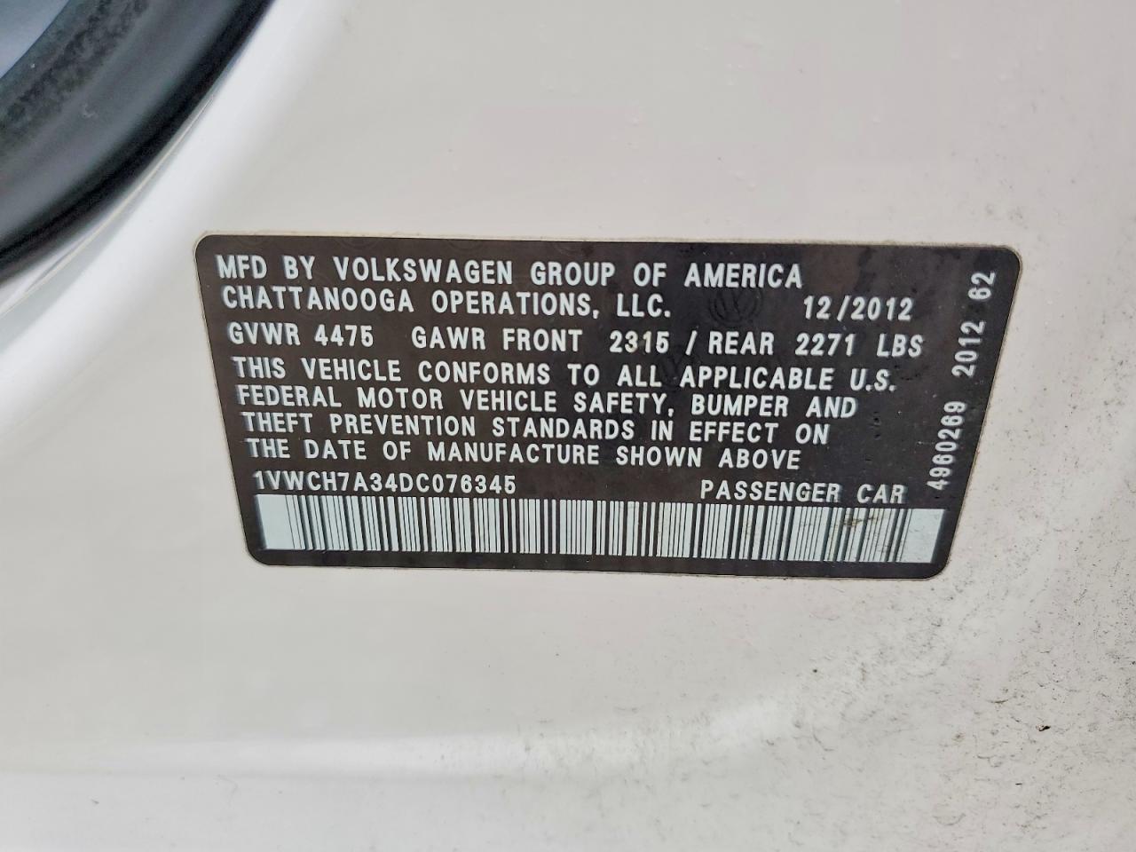 2013 Volkswagen Passat Sel White vin: 1VWCH7A34DC076345