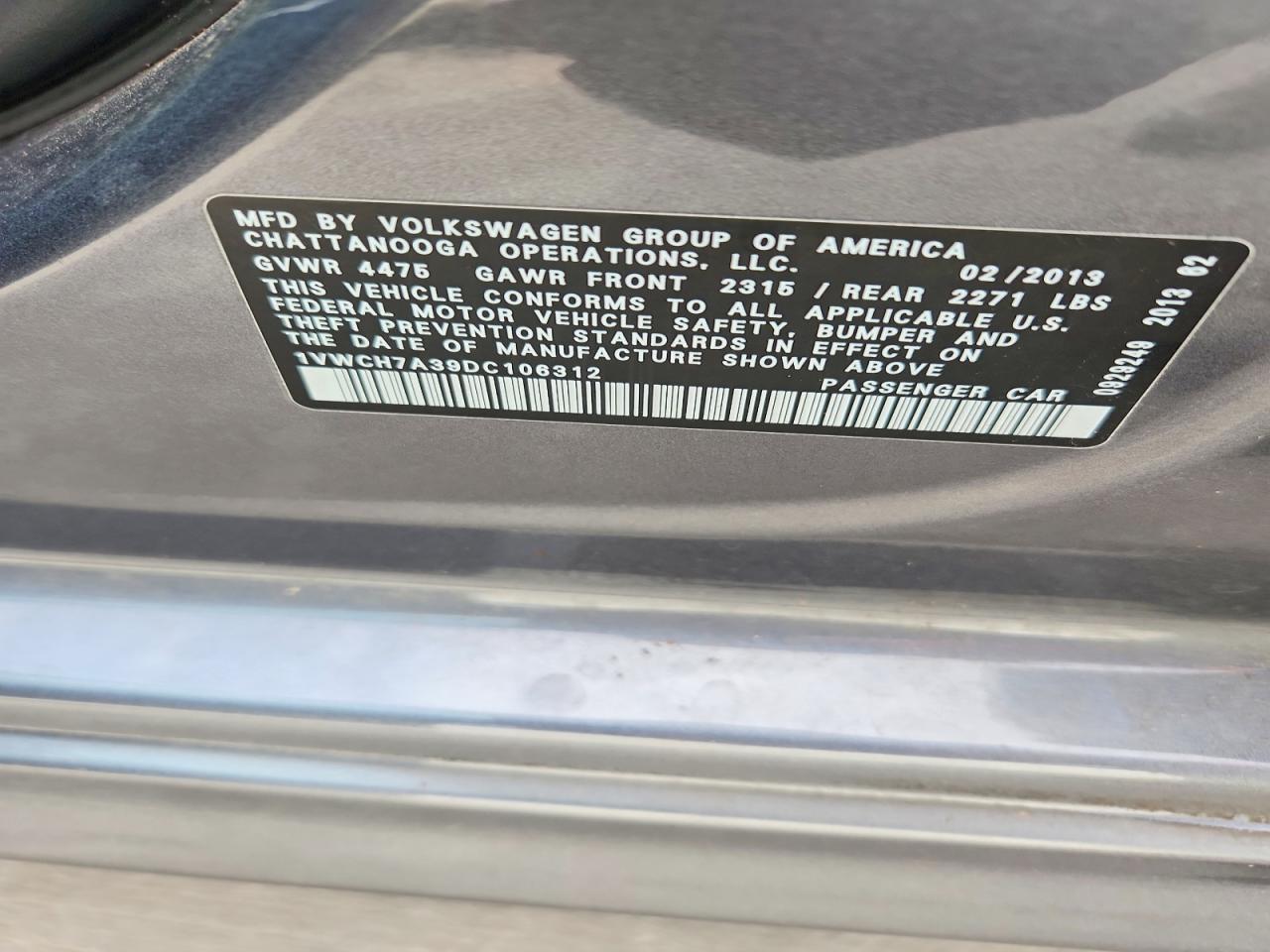 2013 Volkswagen Passat Sel Gray vin: 1VWCH7A39DC106312