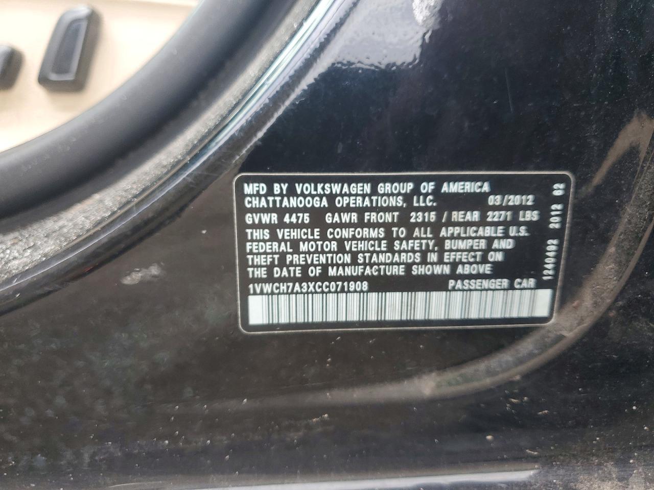 2012 Volkswagen Passat Sel Black vin: 1VWCH7A3XCC071908