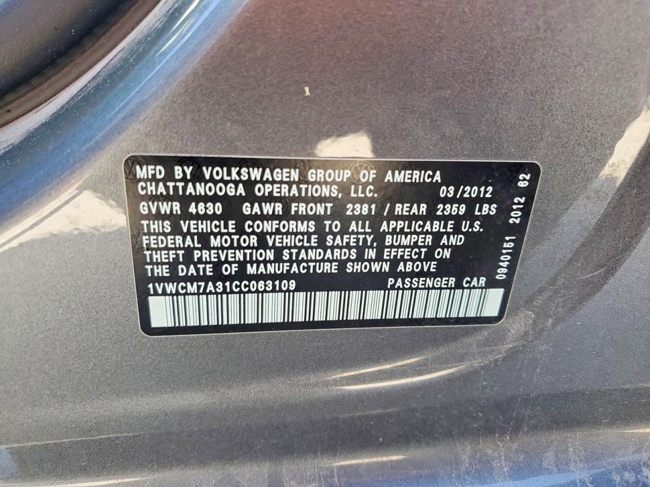 2012 Volkswagen Passat Sel Gray vin: 1VWCM7A31CC063109