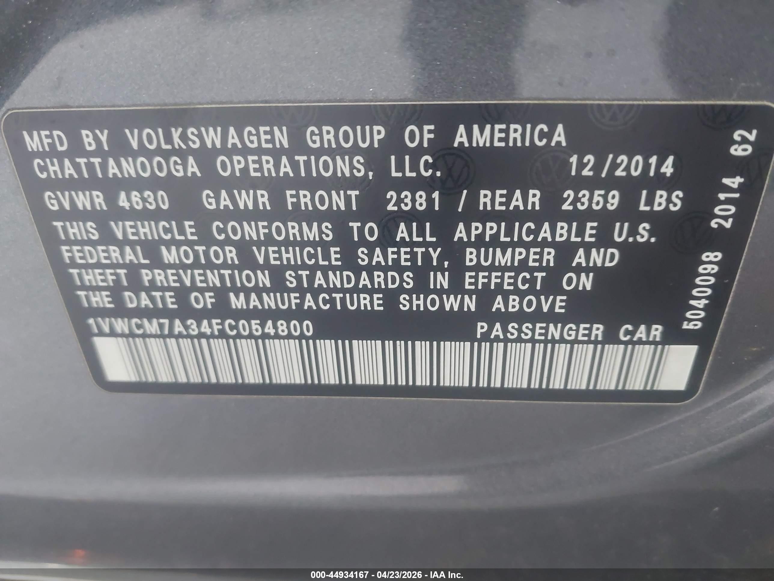 2015 Volkswagen Passat 3.6l V6 Sel Premium Gray vin: 1VWCM7A34FC054800