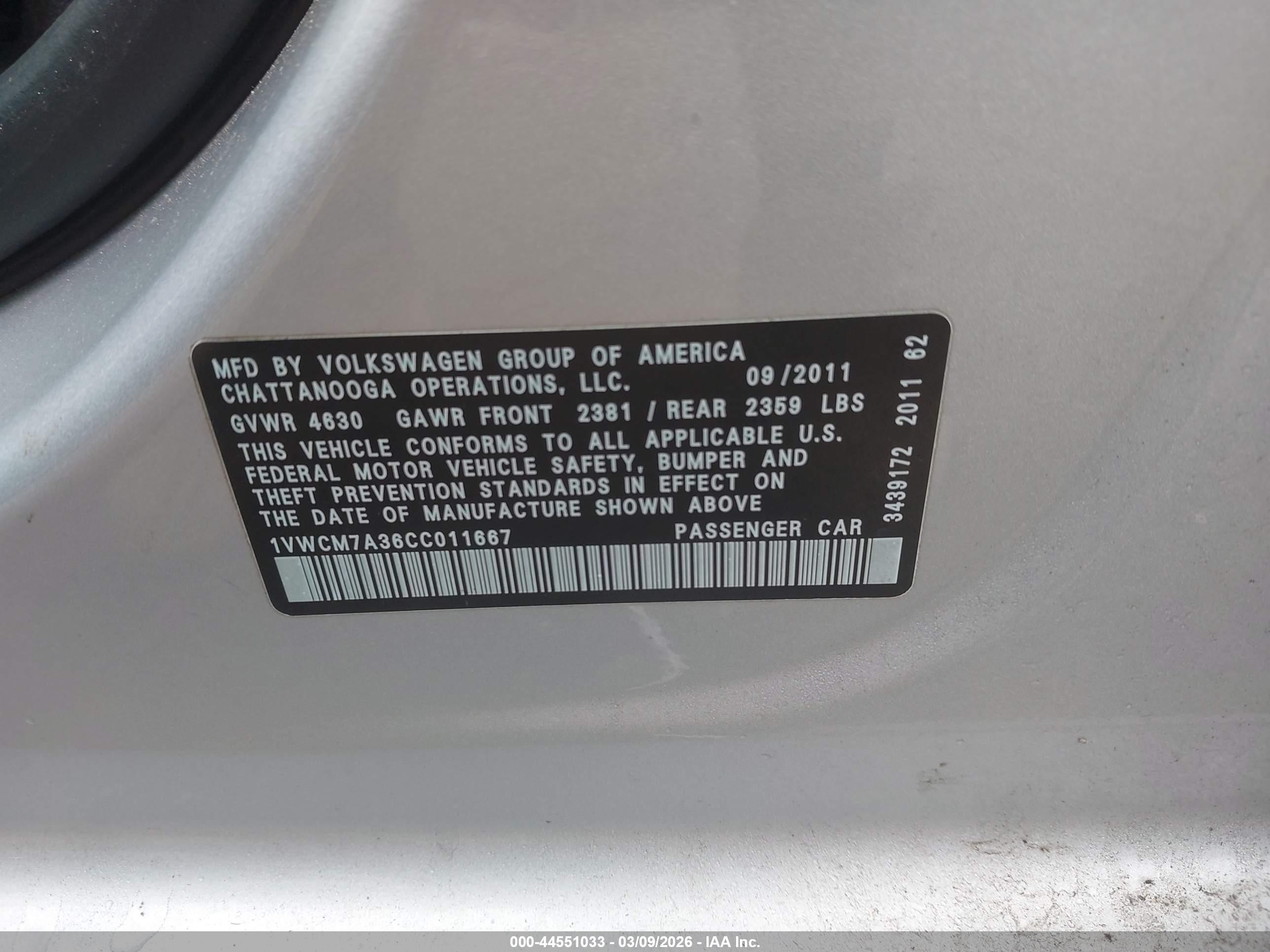 2012 Volkswagen Passat 3.6l V6 Sel Premium Silver vin: 1VWCM7A36CC011667