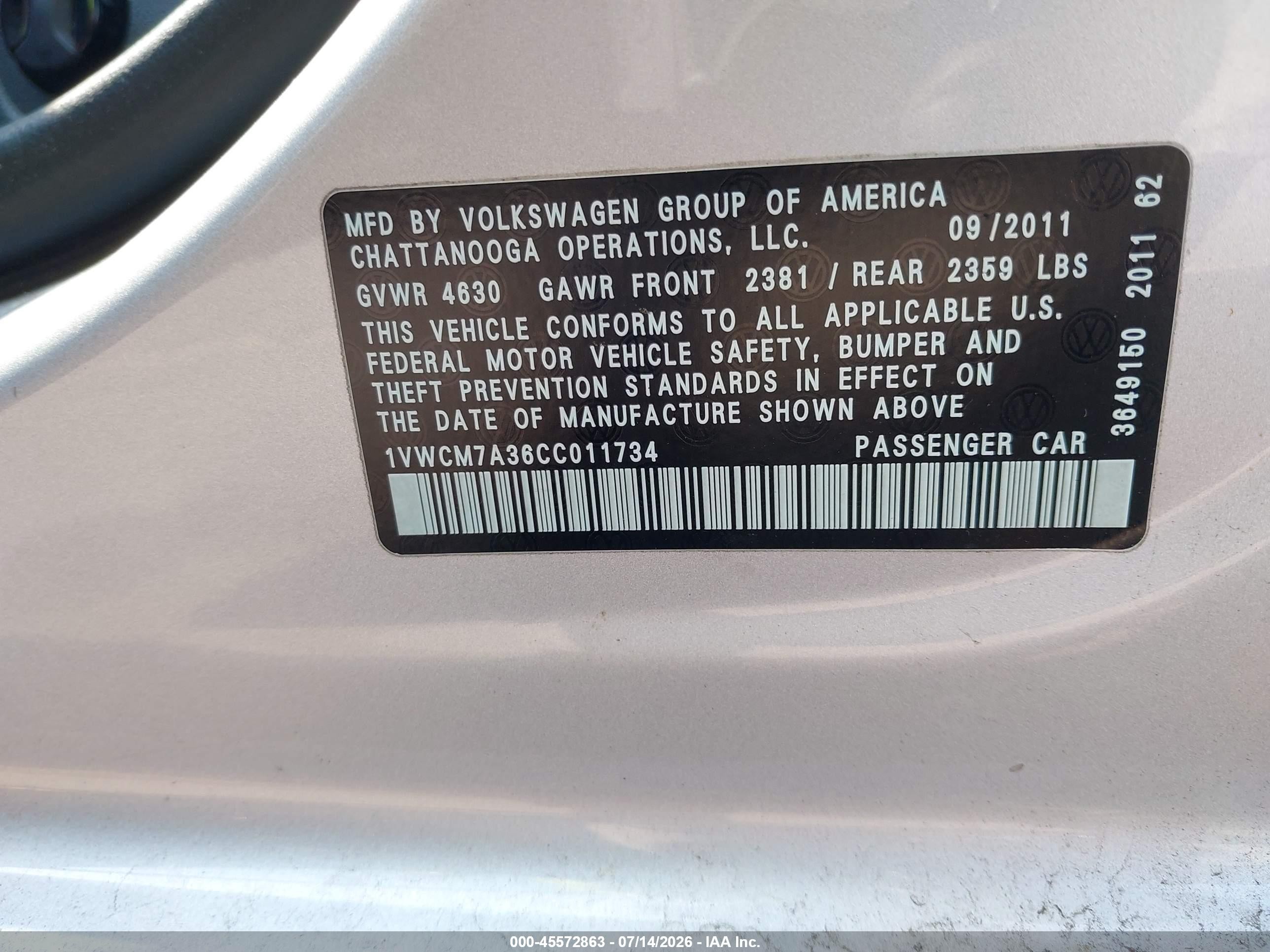 2012 Volkswagen Passat 3.6l V6 Sel Premium Silver vin: 1VWCM7A36CC011734