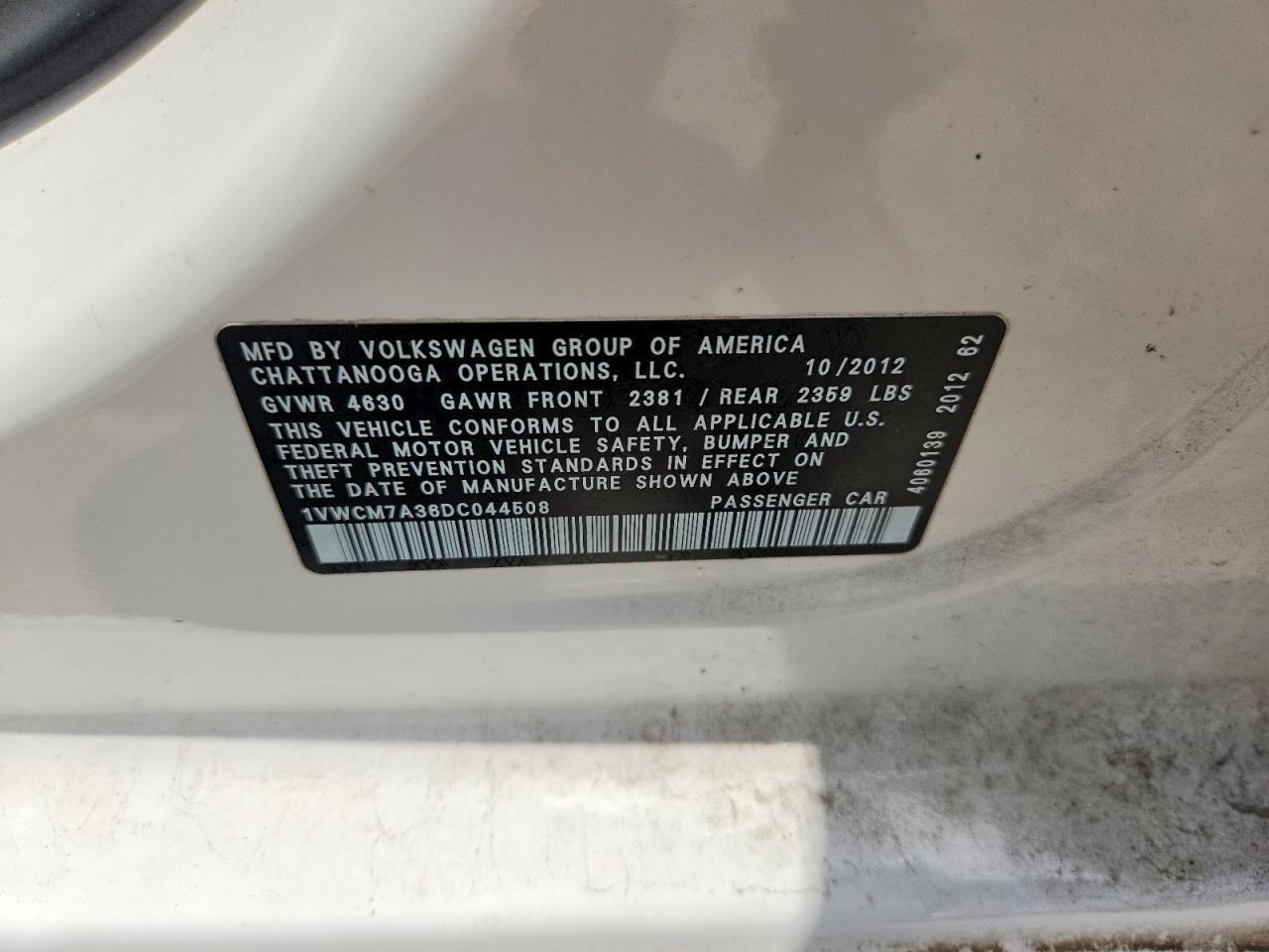 2013 Volkswagen Passat Sel White vin: 1VWCM7A36DC044508