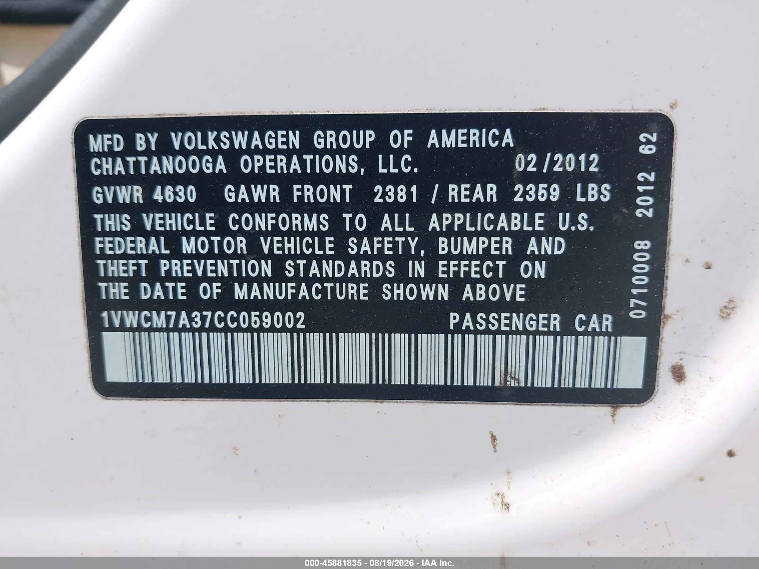 2012 Volkswagen Passat 3.6l V6 Sel Premium White vin: 1VWCM7A37CC059002