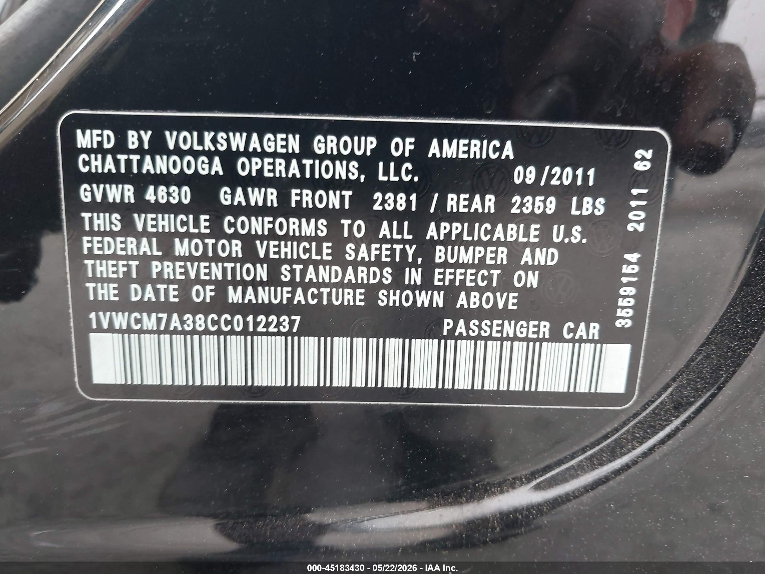 2012 Volkswagen Passat 3.6l V6 Sel Premium Black vin: 1VWCM7A38CC012237