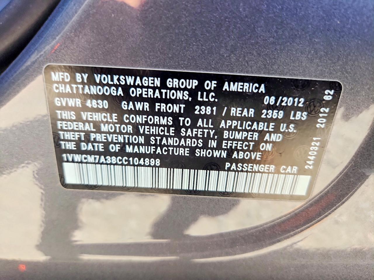 2012 Volkswagen Passat Sel Gray vin: 1VWCM7A38CC104898