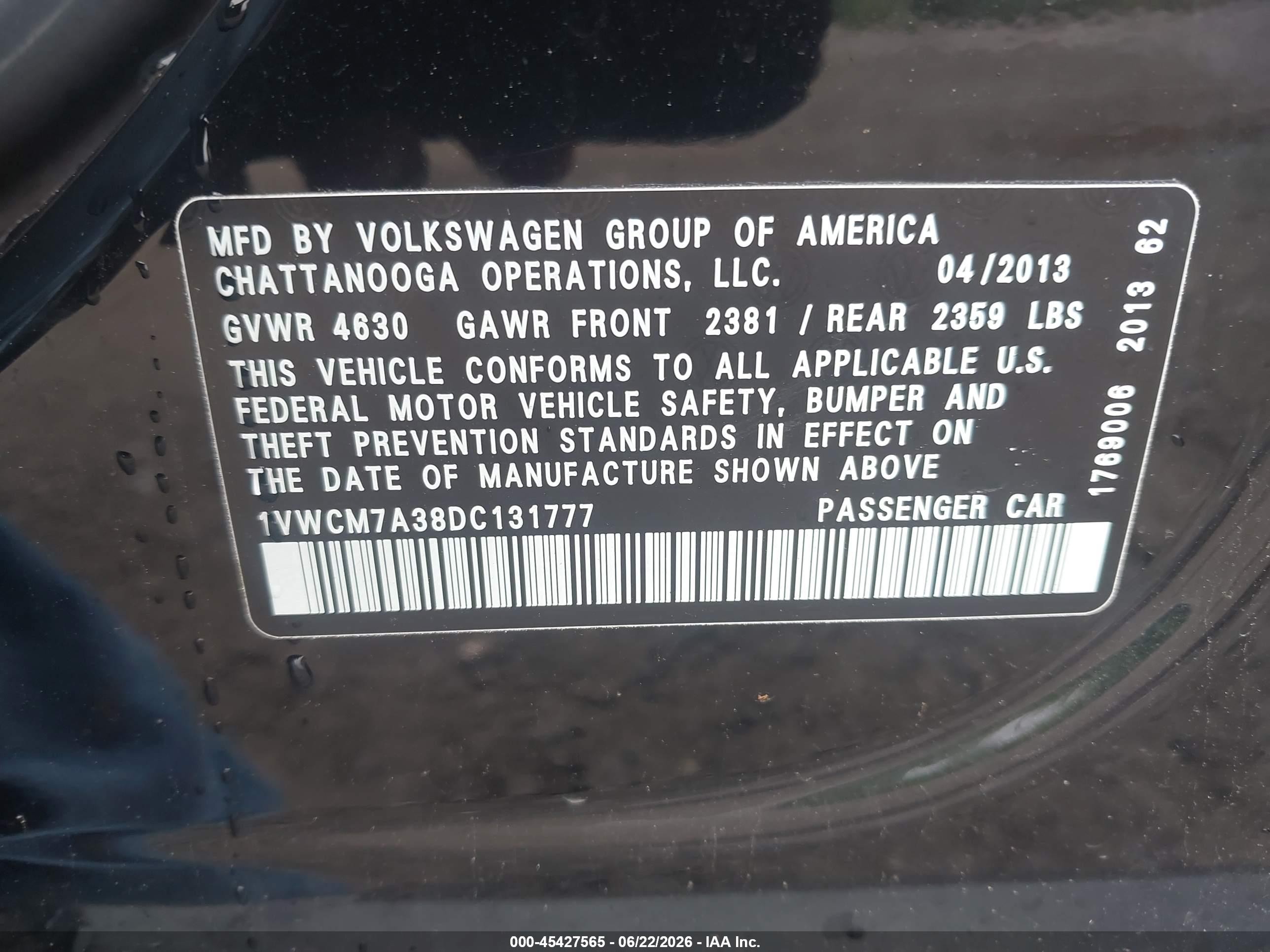 2013 Volkswagen Passat 3.6l V6 Sel Premium Черный vin: 1VWCM7A38DC131777