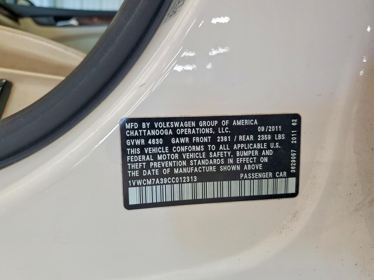 2012 Volkswagen Passat Sel Белый vin: 1VWCM7A39CC012313