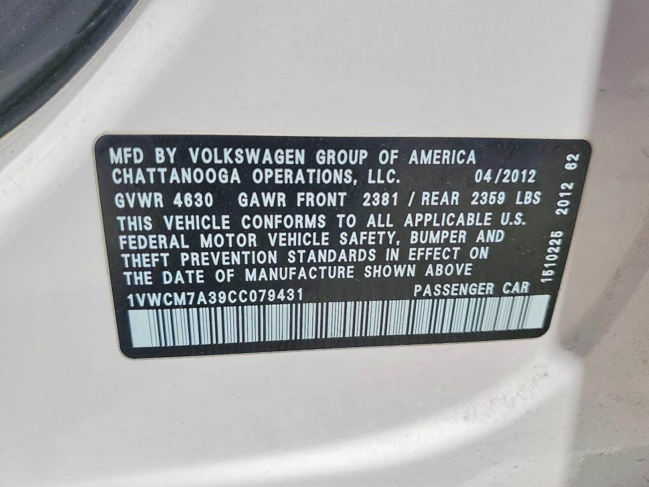 2012 Volkswagen Passat Sel White vin: 1VWCM7A39CC079431