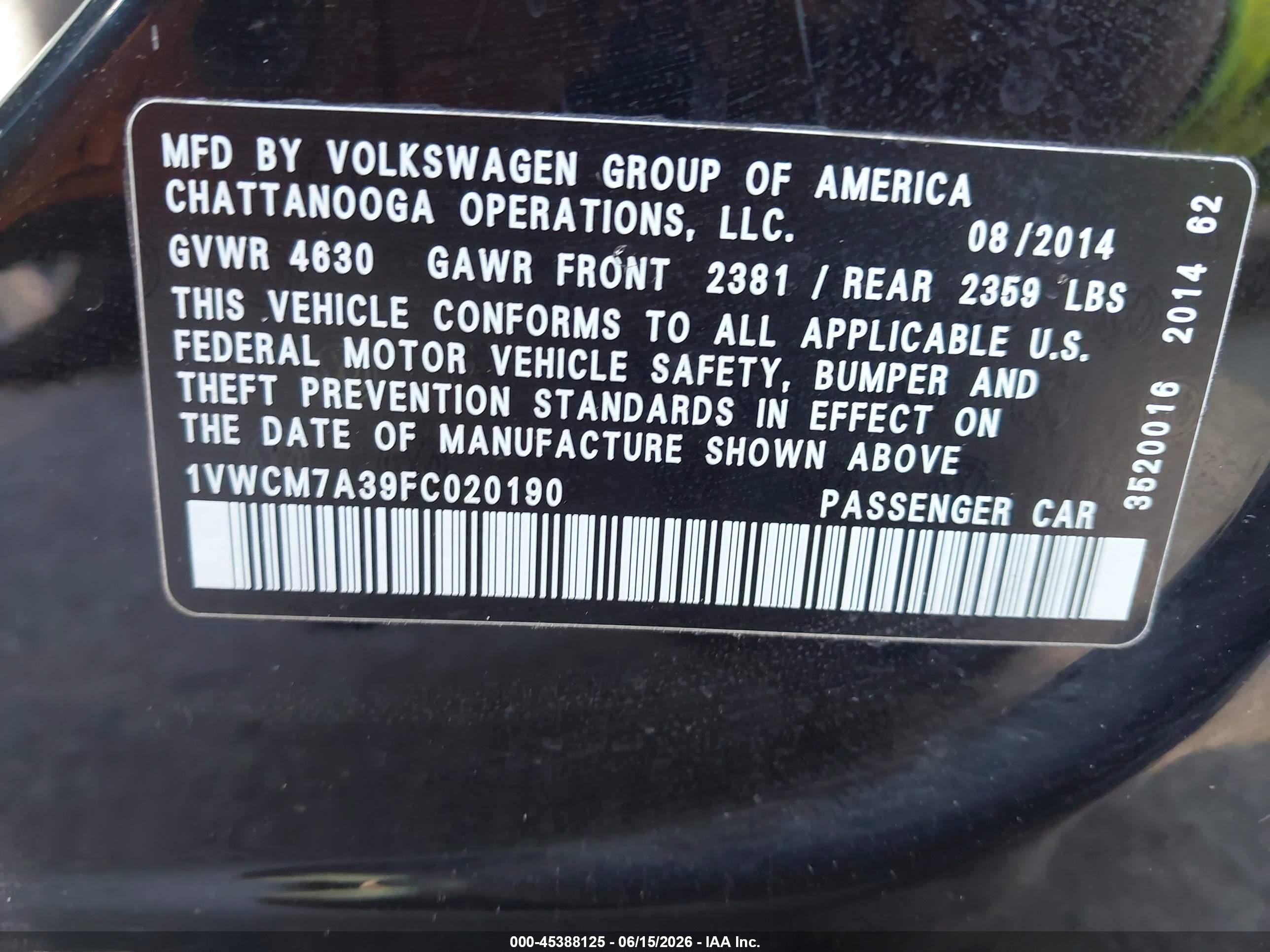 2015 Volkswagen Passat 3.6l V6 Sel Premium Black vin: 1VWCM7A39FC020190