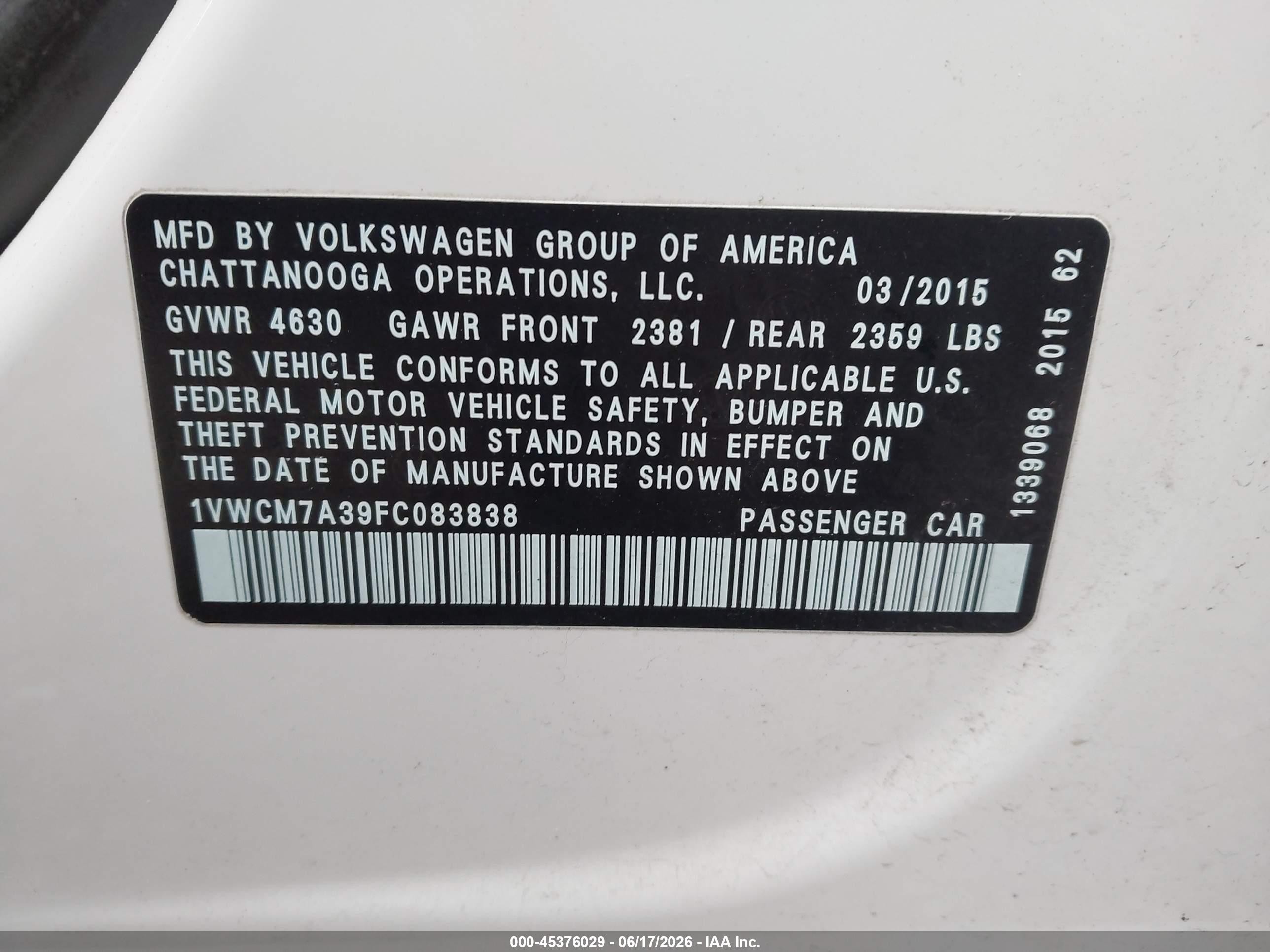 2015 Volkswagen Passat 3.6l V6 Sel Premium White vin: 1VWCM7A39FC083838