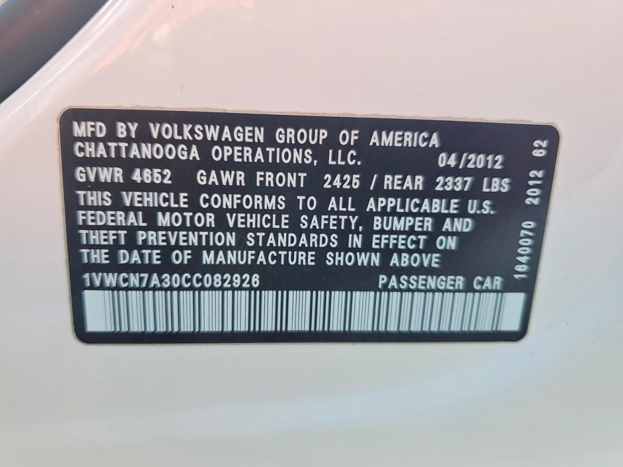 2012 Volkswagen Passat Sel White vin: 1VWCN7A30CC082926