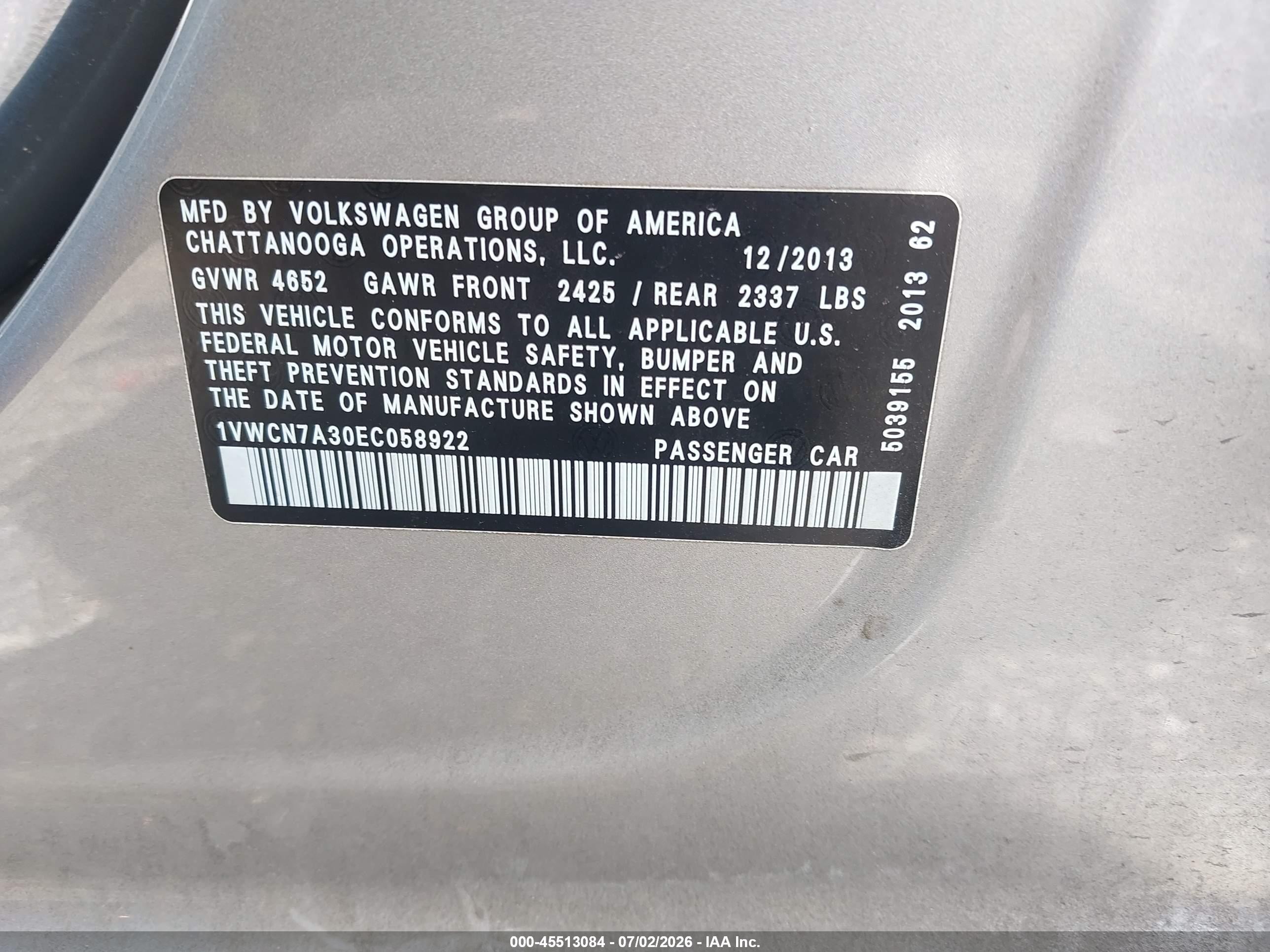 2014 Volkswagen Passat 2.0l Tdi Sel Premium Silver vin: 1VWCN7A30EC058922