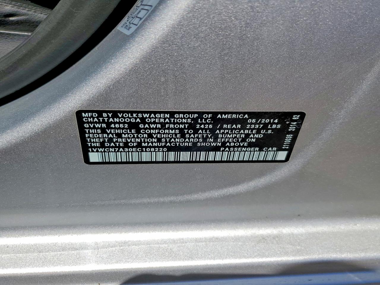 2014 Volkswagen Passat Sel Серебряный vin: 1VWCN7A30EC108220