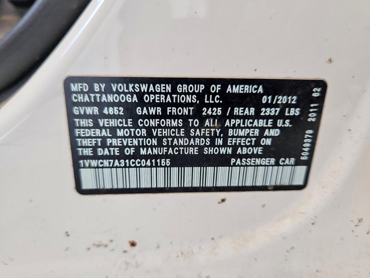 2012 Volkswagen Passat Sel White vin: 1VWCN7A31CC041155