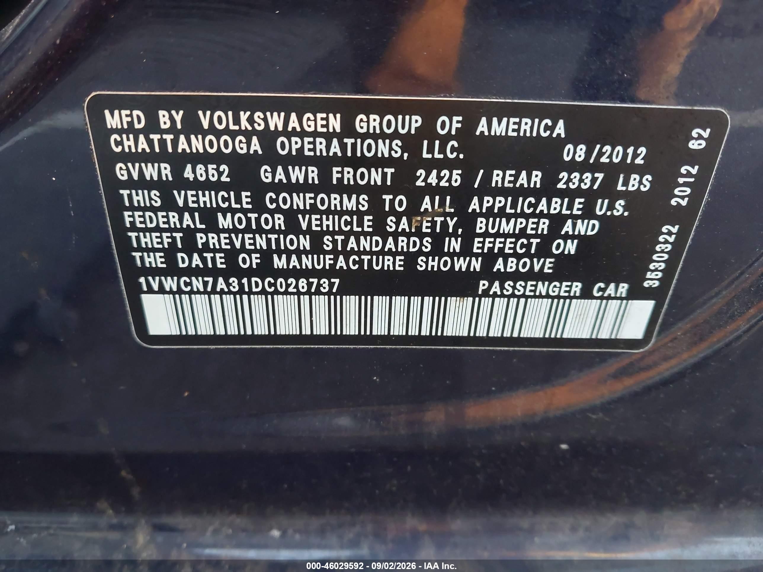 2013 Volkswagen Passat 2.0l Tdi Sel Premium Blue vin: 1VWCN7A31DC026737