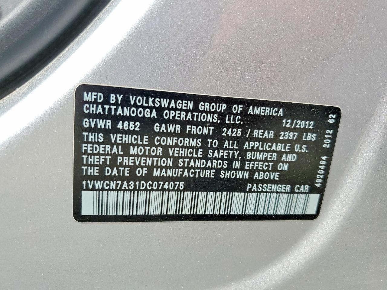 2013 Volkswagen Passat Sel Silver vin: 1VWCN7A31DC074075