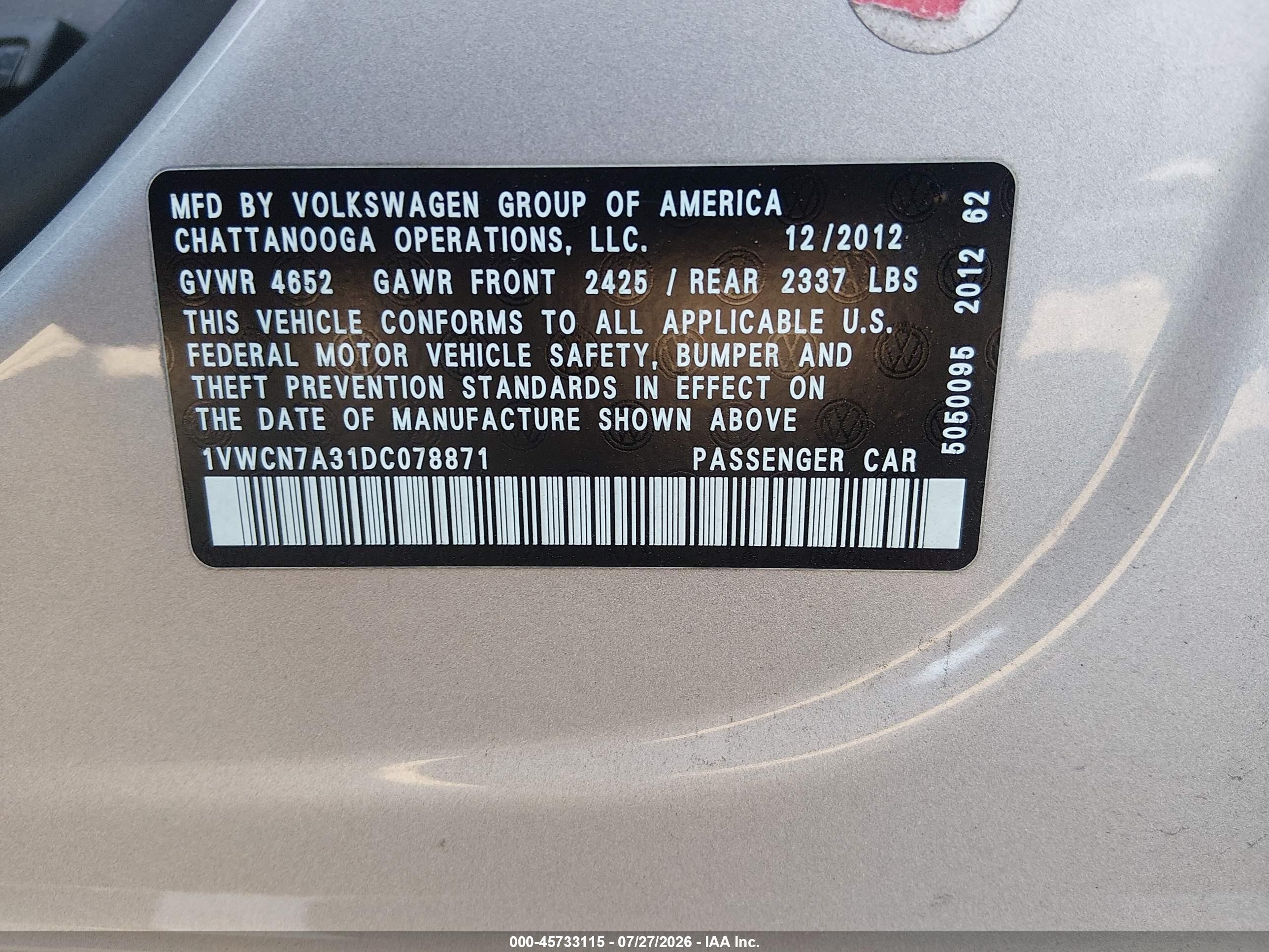 2013 Volkswagen Passat 2.0l Tdi Sel Premium Silver vin: 1VWCN7A31DC078871