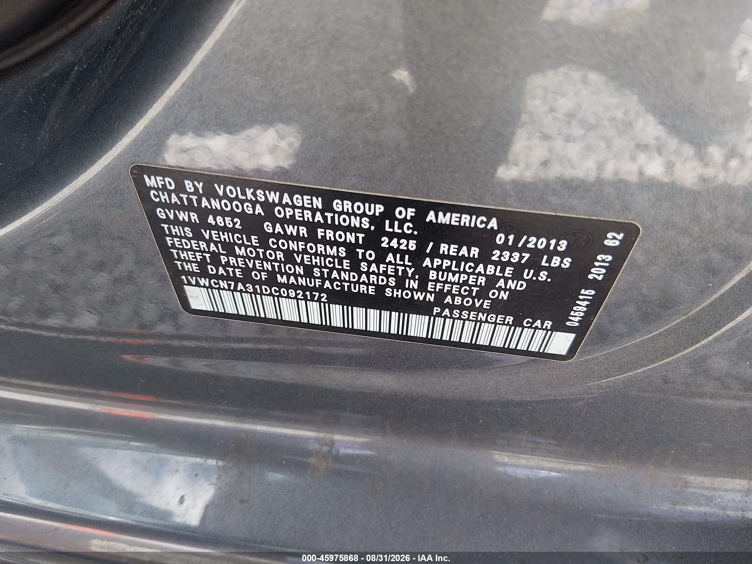 2013 Volkswagen Passat 2.0l Tdi Sel Premium vin: 1VWCN7A31DC092172