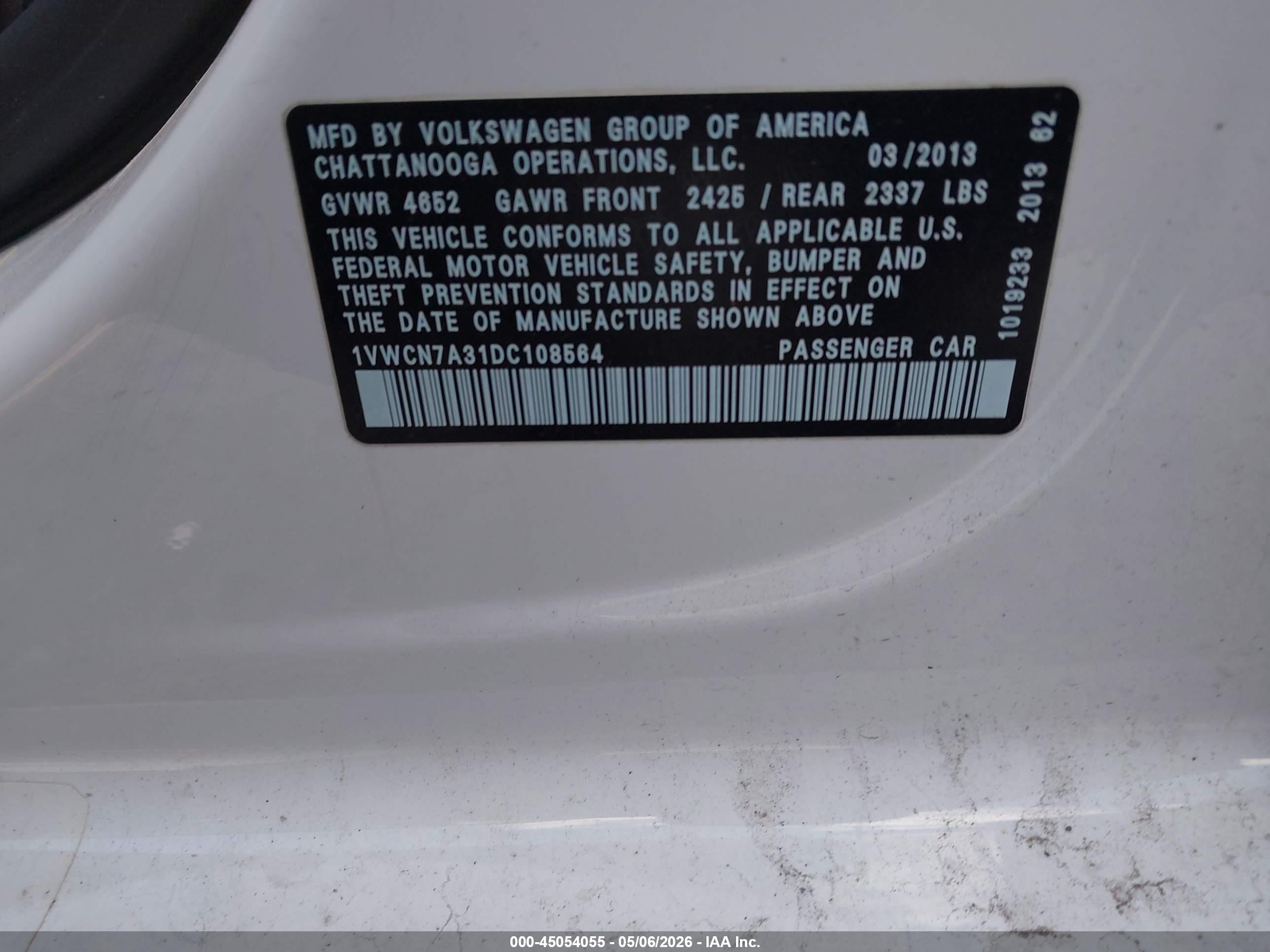 2013 Volkswagen Passat 2.0l Tdi Sel Premium White vin: 1VWCN7A31DC108564