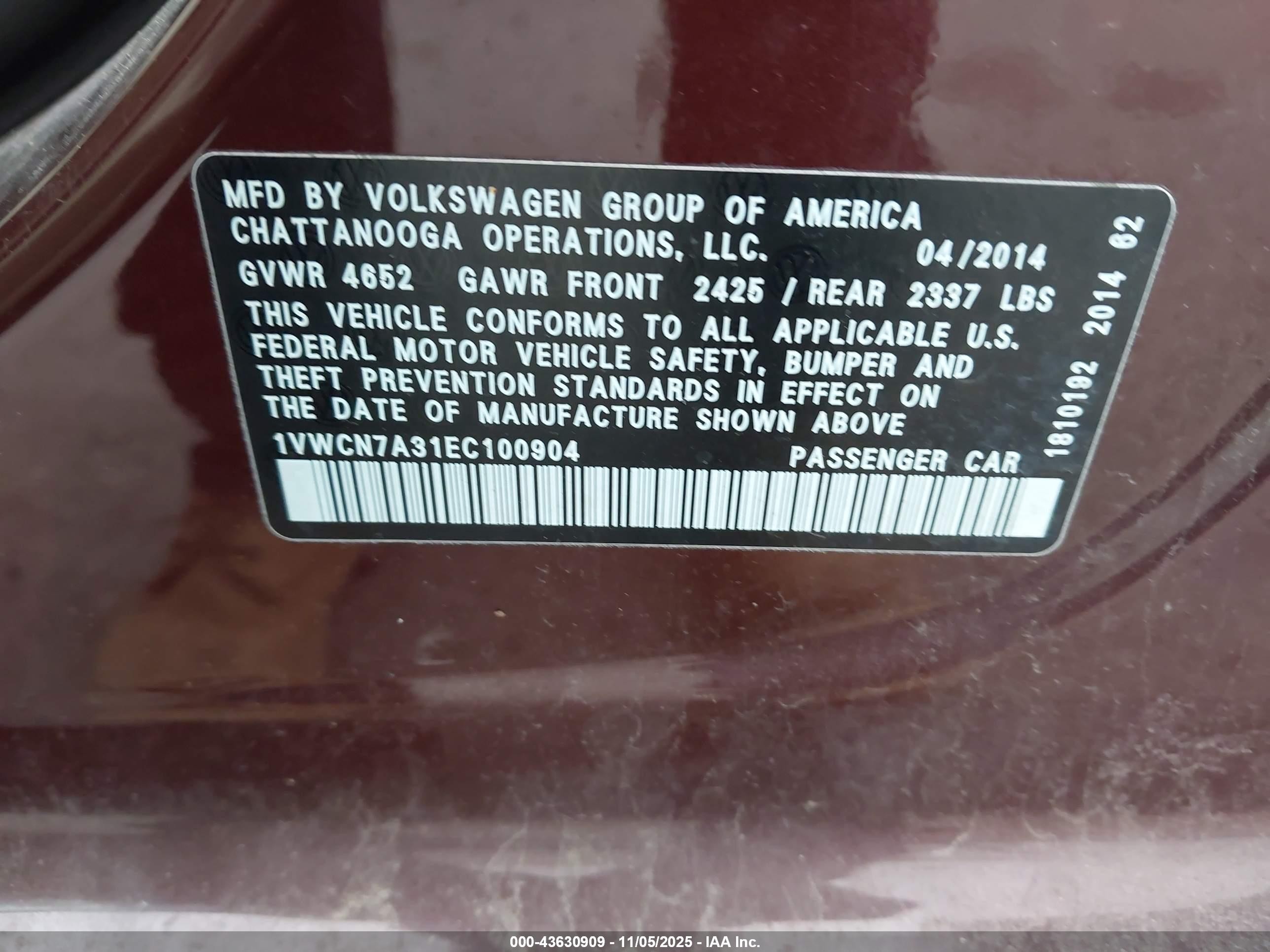 2014 Volkswagen Passat 2.0l Tdi Sel Premium Бордовый vin: 1VWCN7A31EC100904