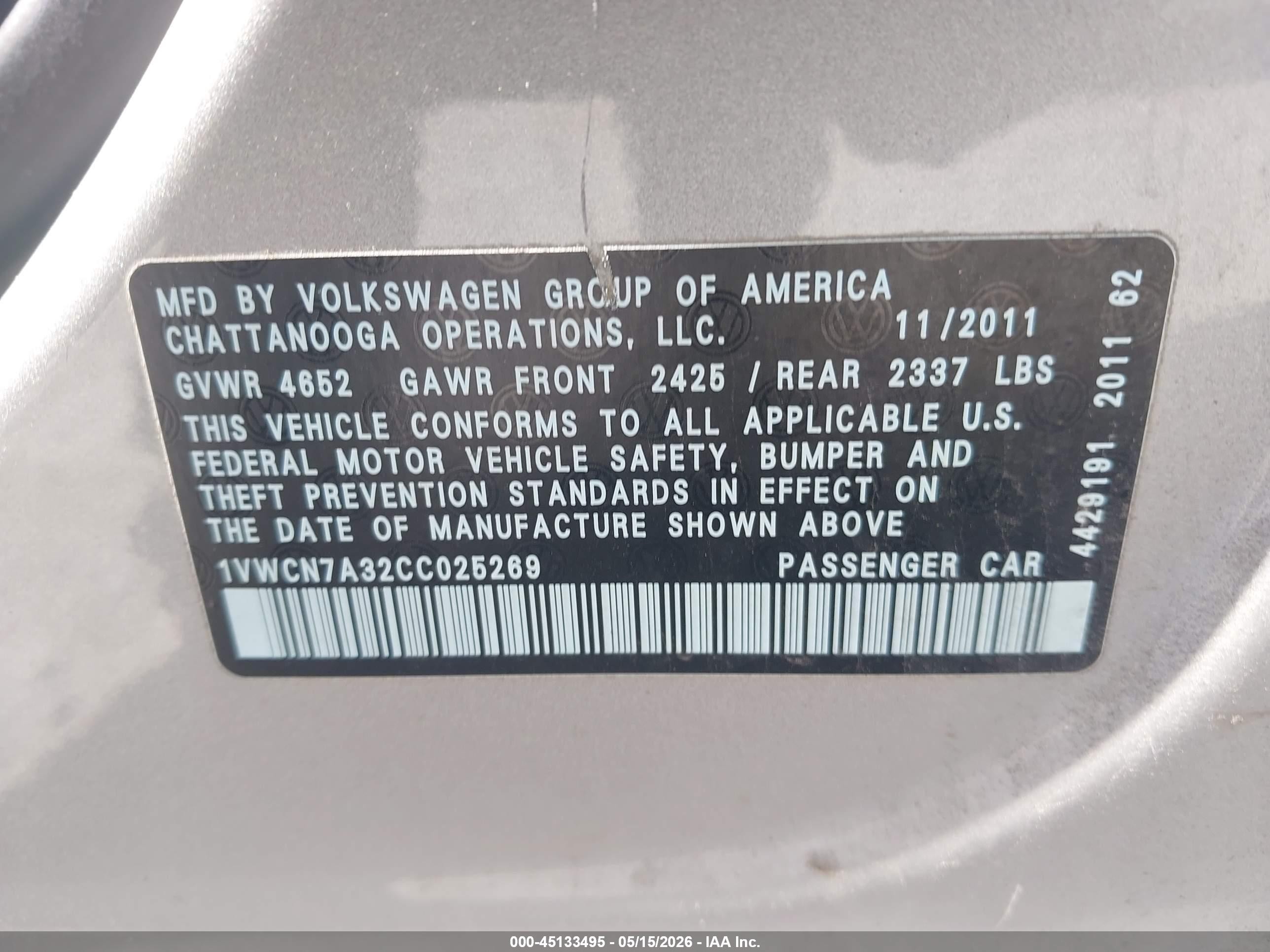 2012 Volkswagen Passat 2.0l Tdi Sel Premium Silver vin: 1VWCN7A32CC025269