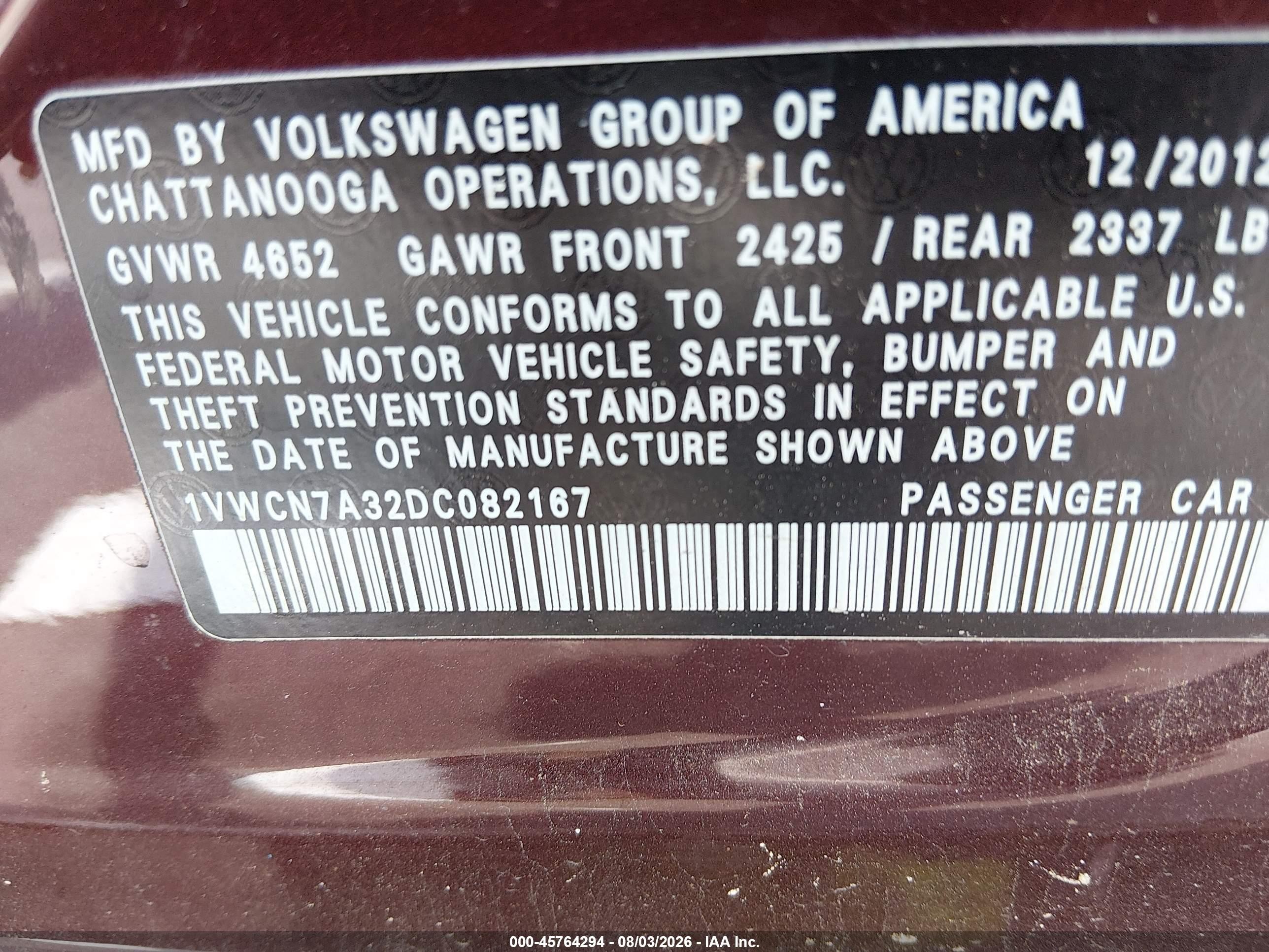 2013 Volkswagen Passat 2.0l Tdi Sel Premium Burgundy vin: 1VWCN7A32DC082167