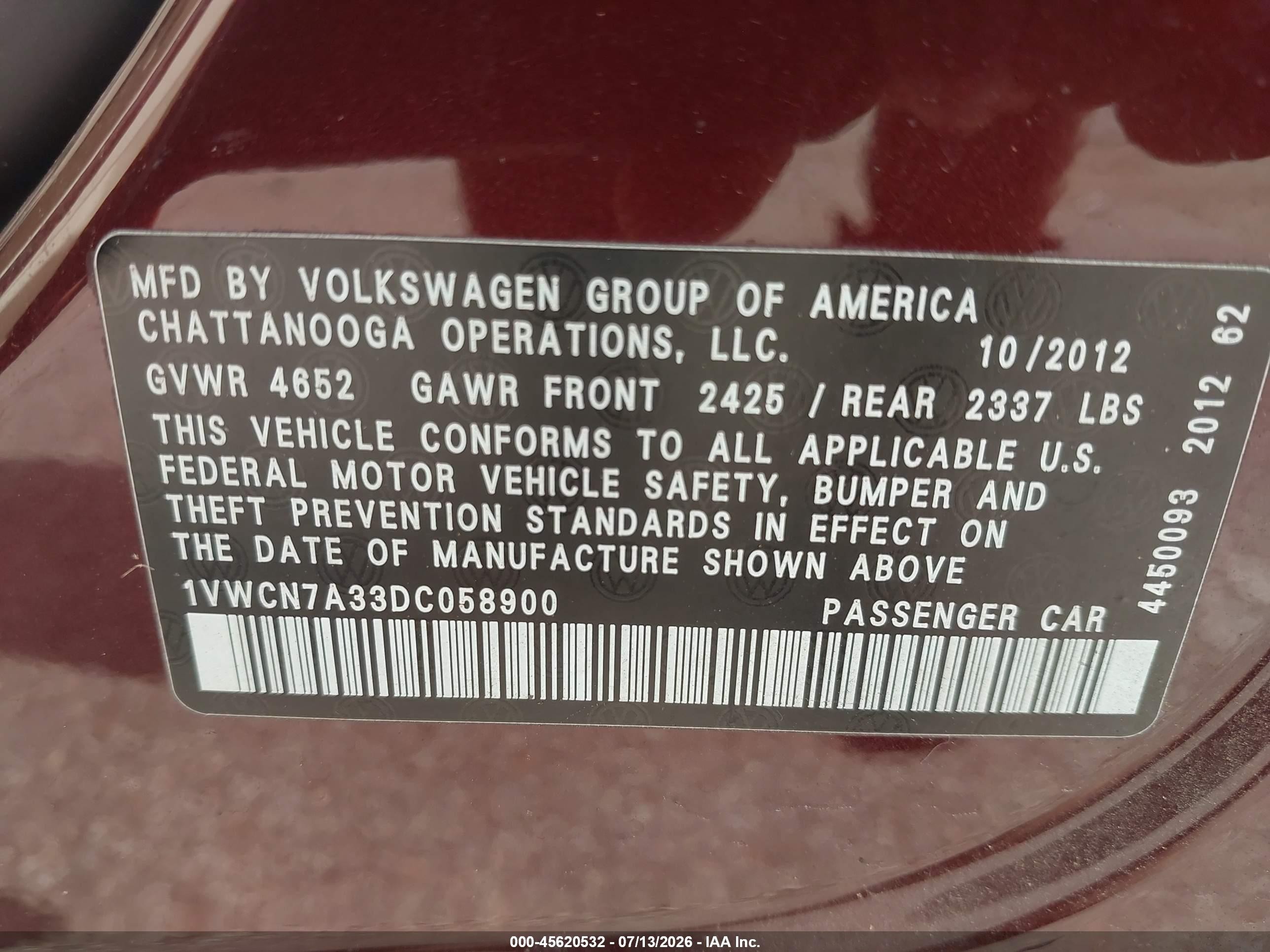 2013 Volkswagen Passat 2.0l Tdi Sel Premium Maroon vin: 1VWCN7A33DC058900