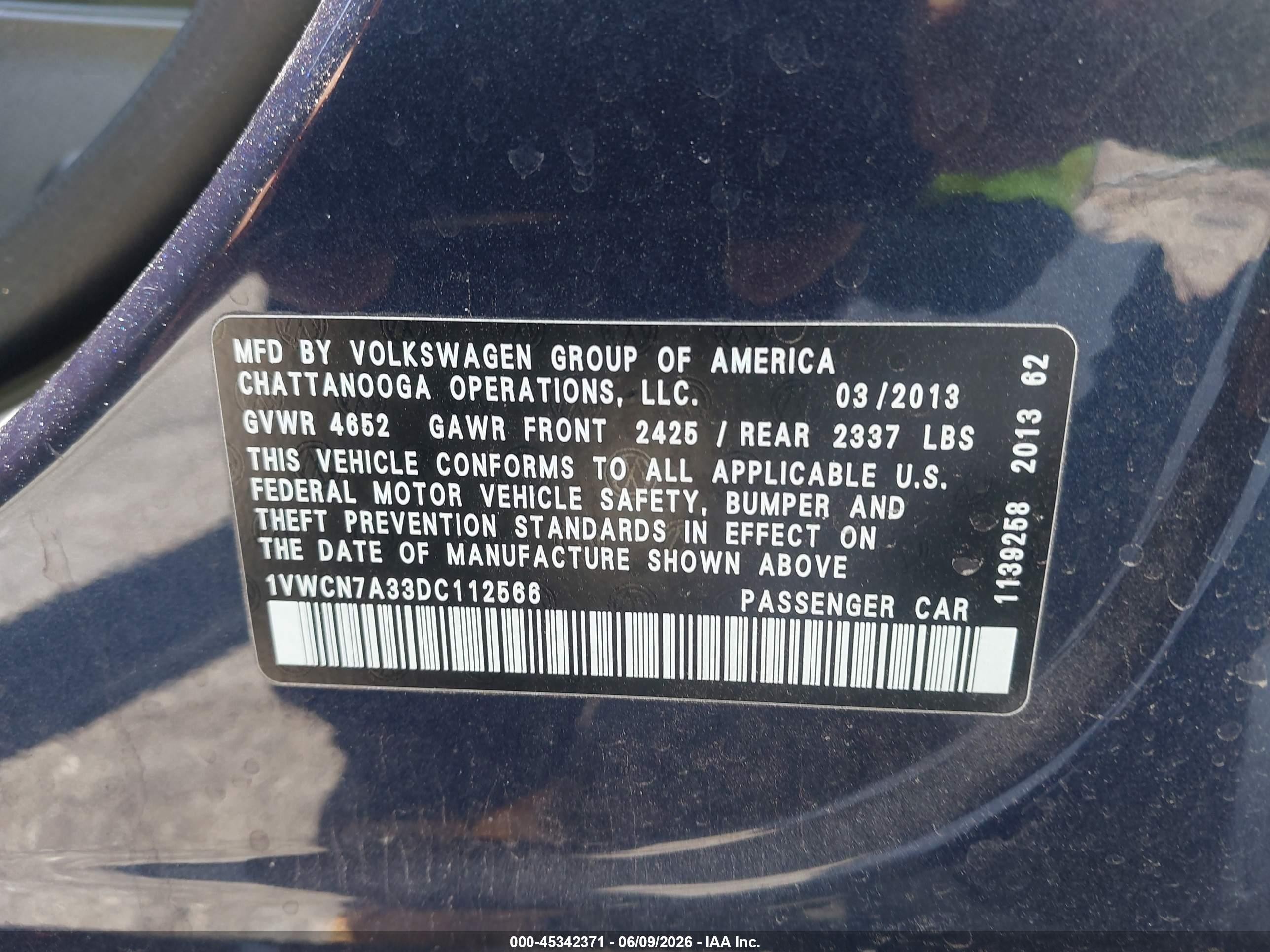 2013 Volkswagen Passat 2.0l Tdi Sel Premium Dark Blue vin: 1VWCN7A33DC112566