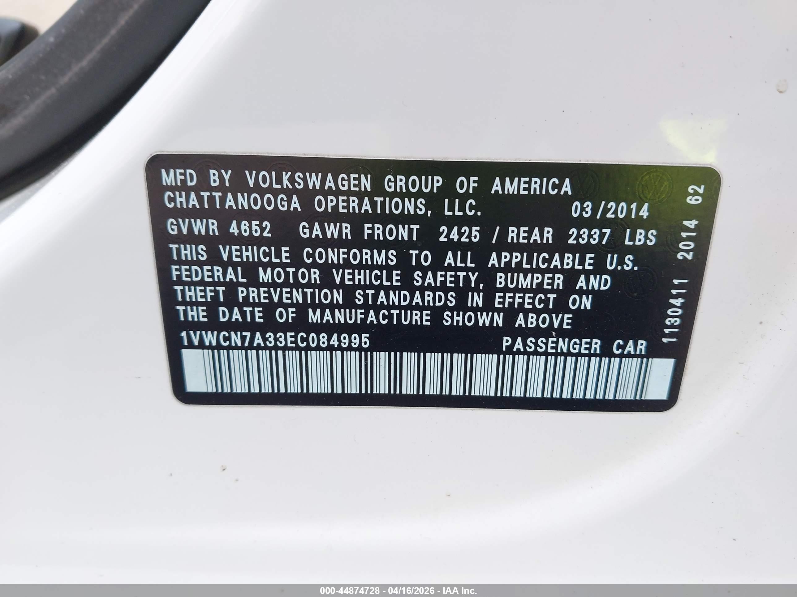 2014 Volkswagen Passat 2.0l Tdi Sel Premium Белый vin: 1VWCN7A33EC084995