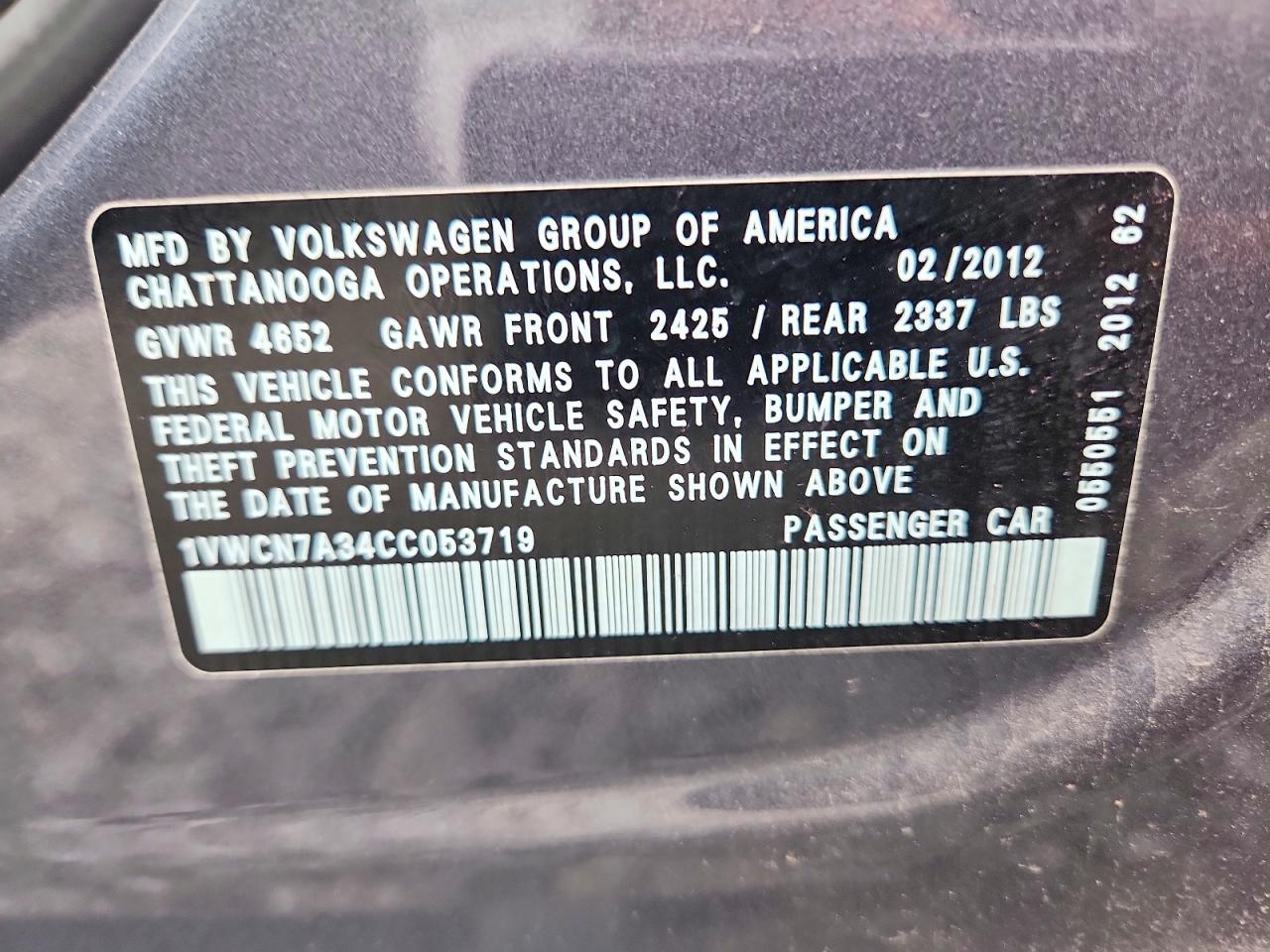 2012 Volkswagen Passat Sel Gray vin: 1VWCN7A34CC053719