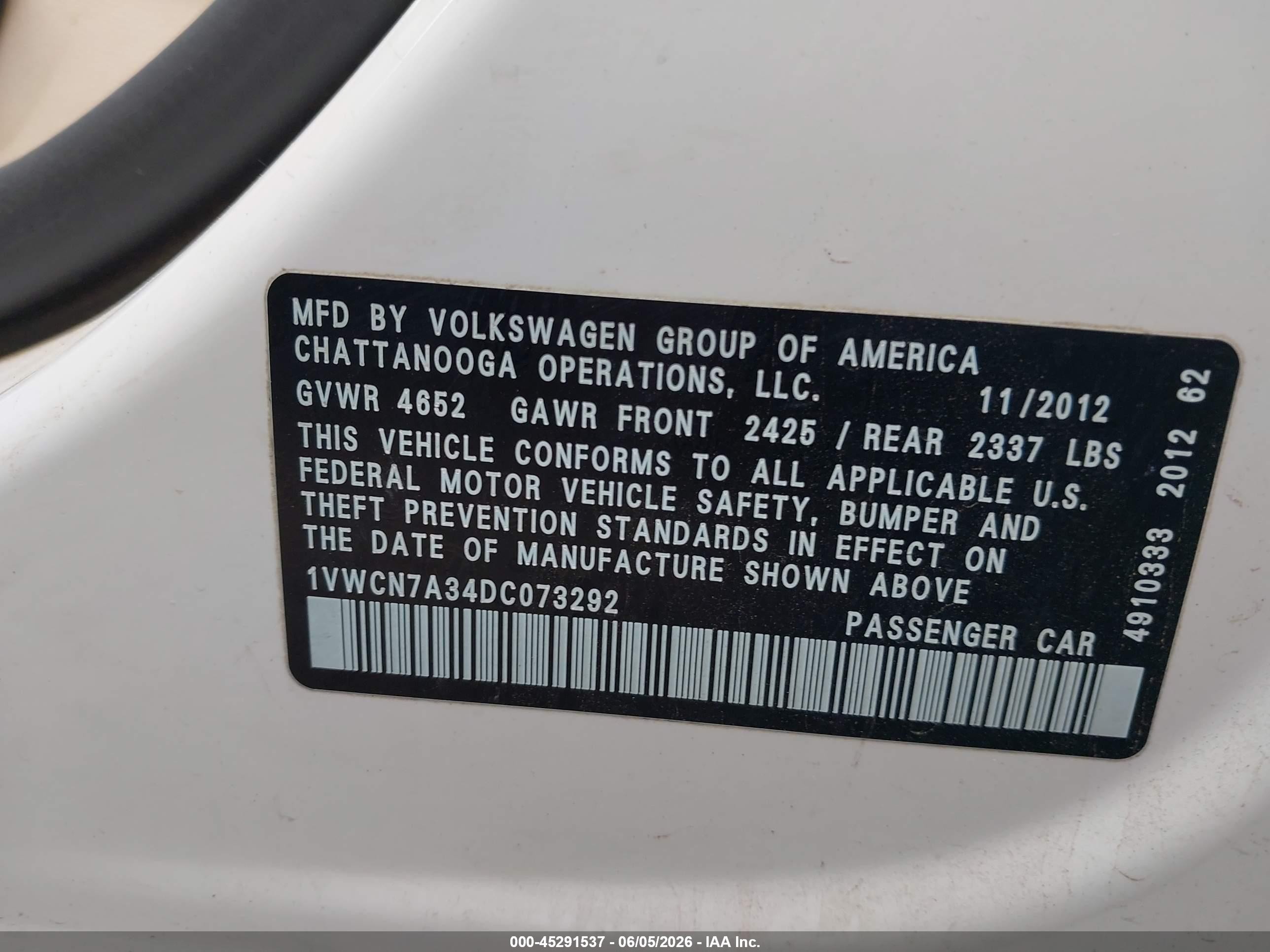 2013 Volkswagen Passat 2.0l Tdi Sel Premium White vin: 1VWCN7A34DC073292