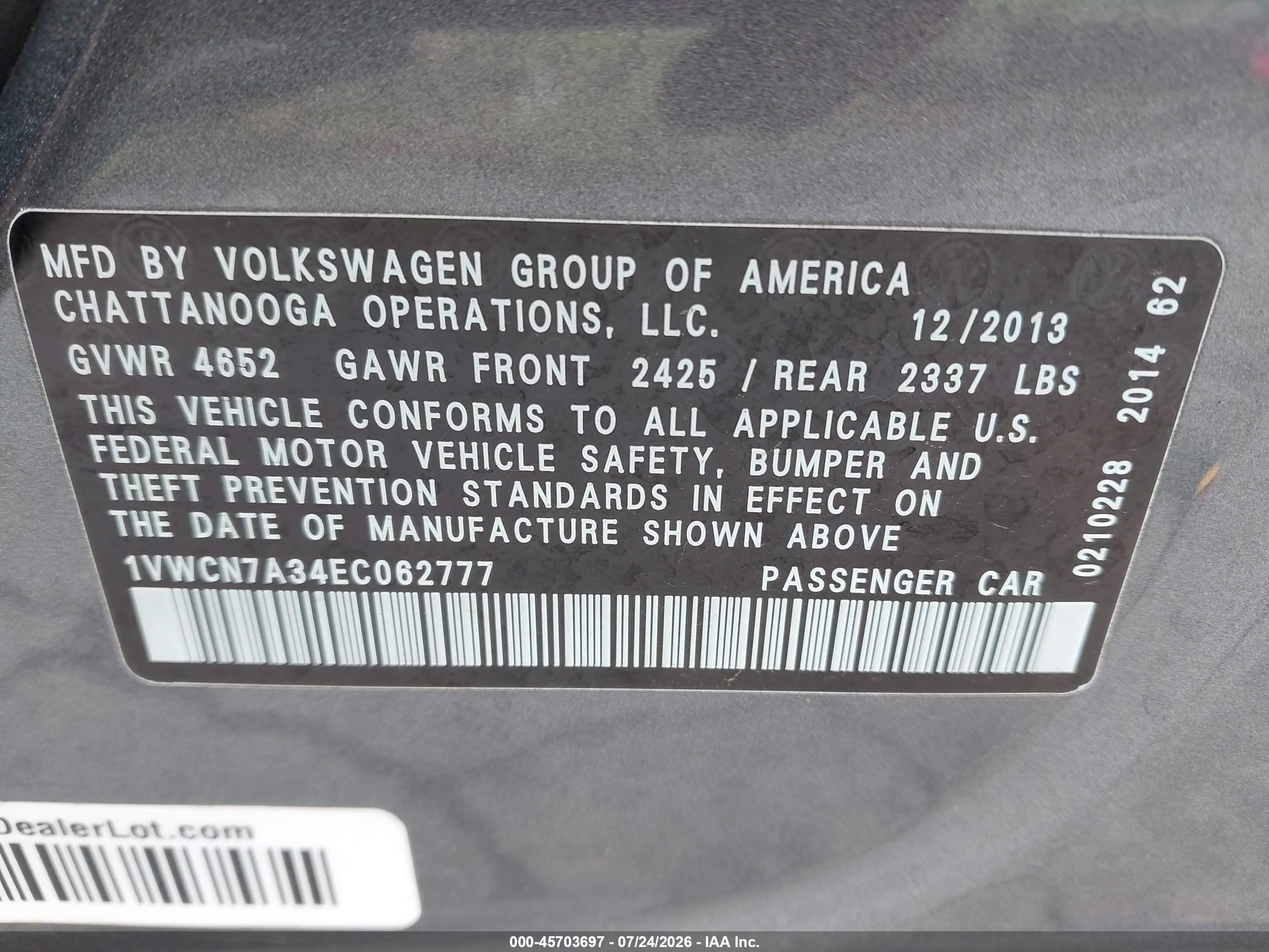 2014 Volkswagen Passat 2.0l Tdi Sel Premium Gray vin: 1VWCN7A34EC062777