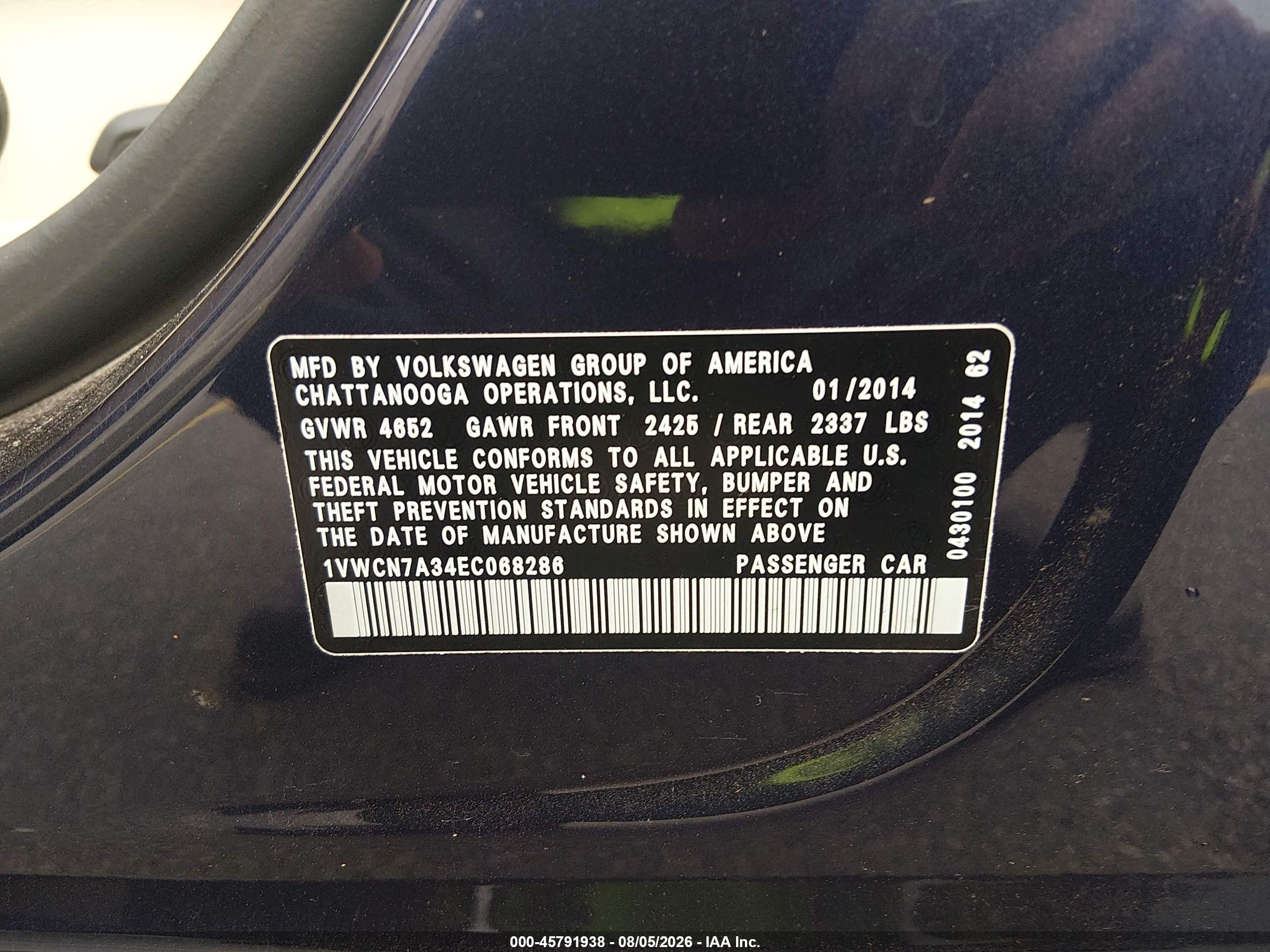2014 Volkswagen Passat 2.0l Tdi Sel Premium Blue vin: 1VWCN7A34EC068286