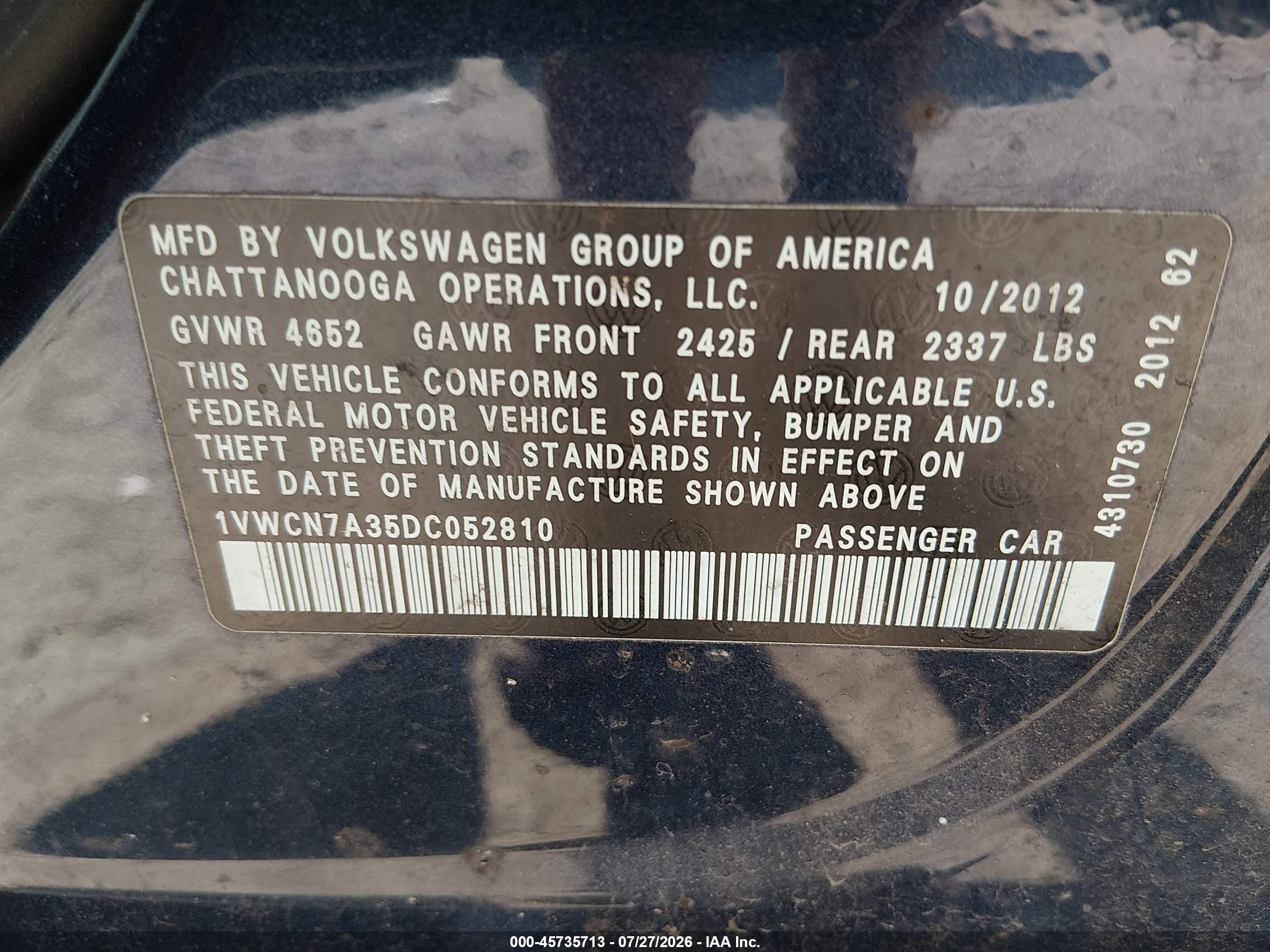 2013 Volkswagen Passat 2.0l Tdi Sel Premium Blue vin: 1VWCN7A35DC052810