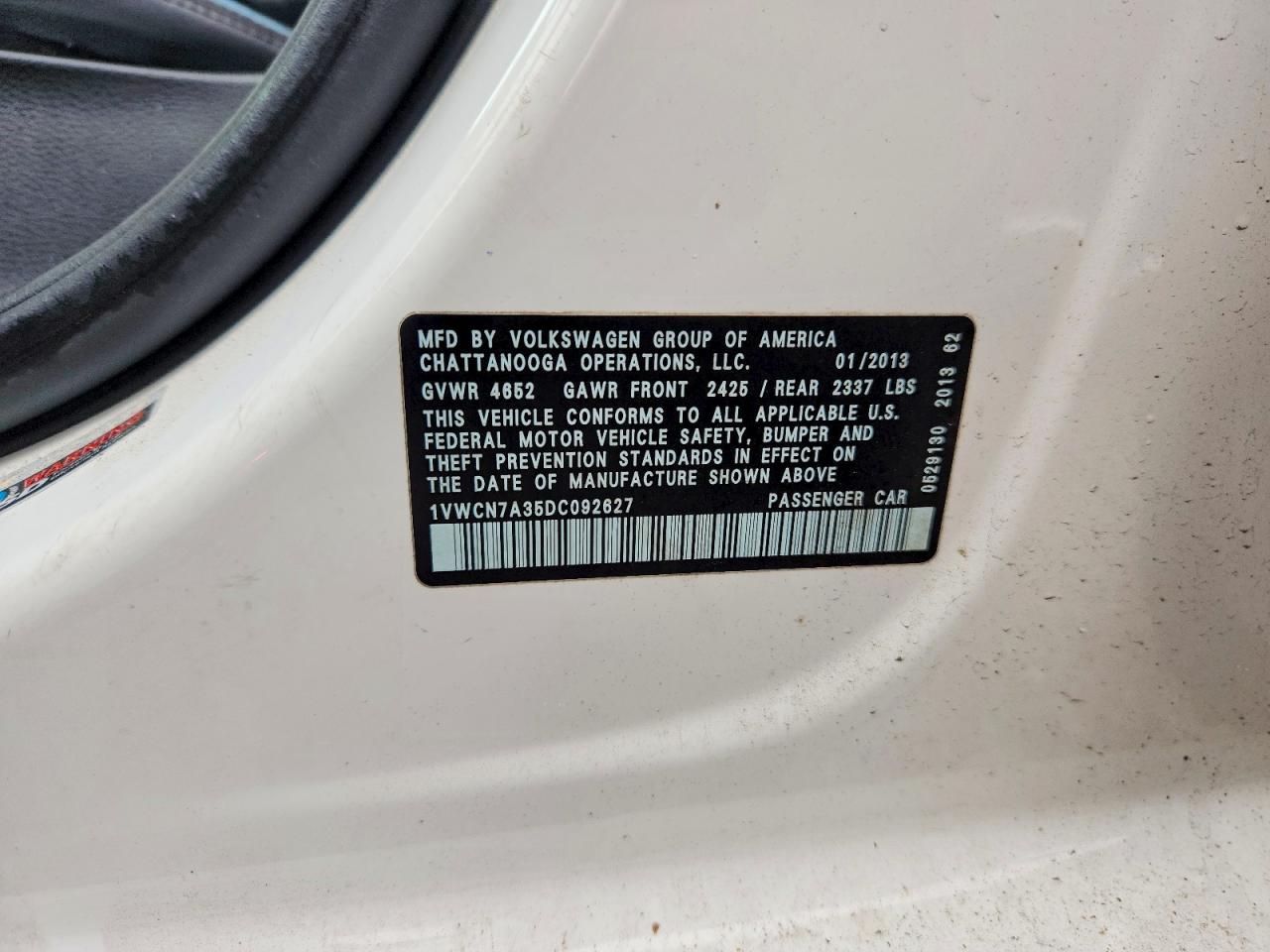 2013 Volkswagen Passat Sel White vin: 1VWCN7A35DC092627