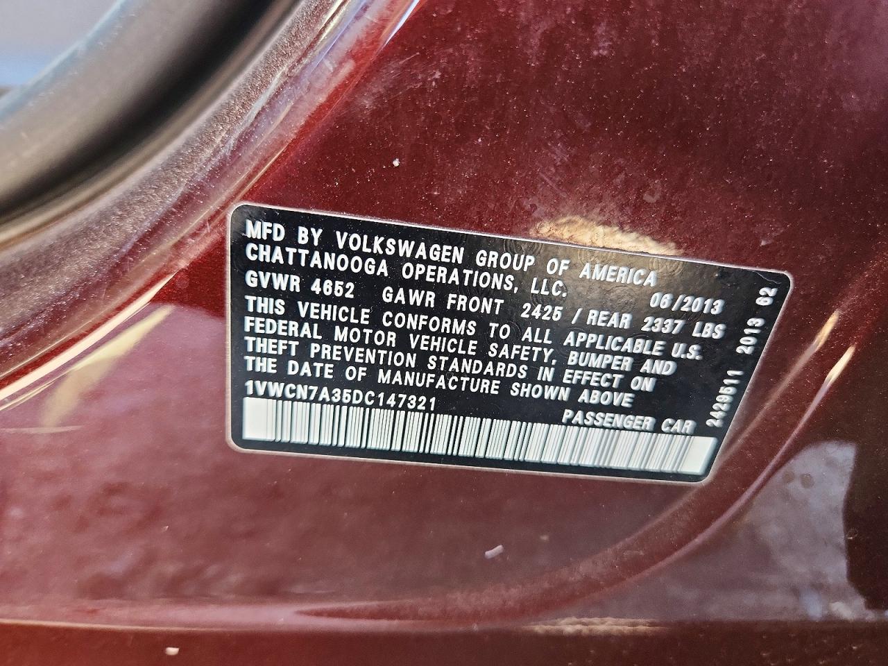 2013 Volkswagen Passat Sel Maroon vin: 1VWCN7A35DC147321