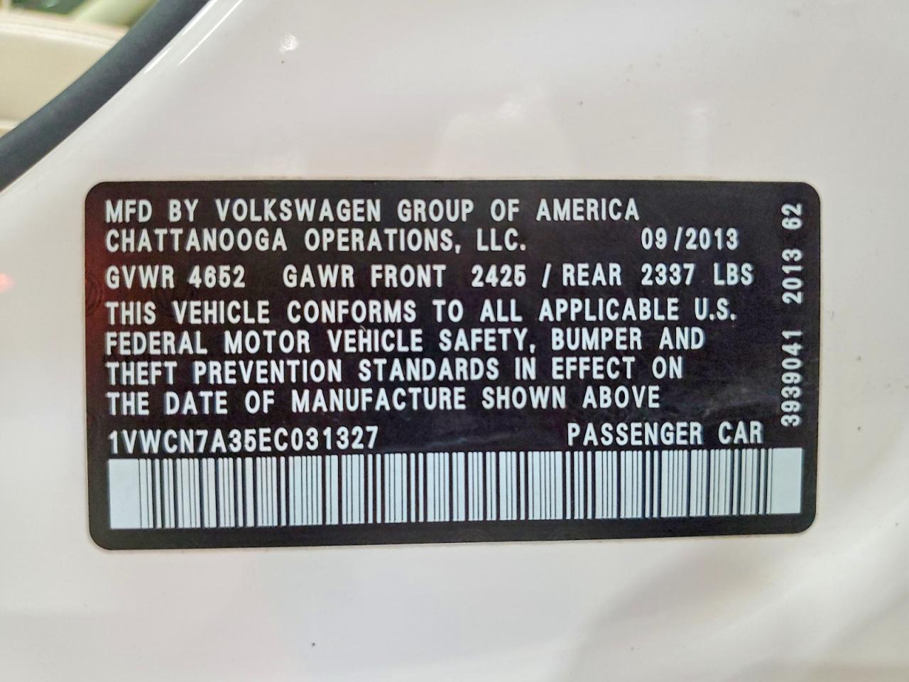2014 Volkswagen Passat Sel White vin: 1VWCN7A35EC031327