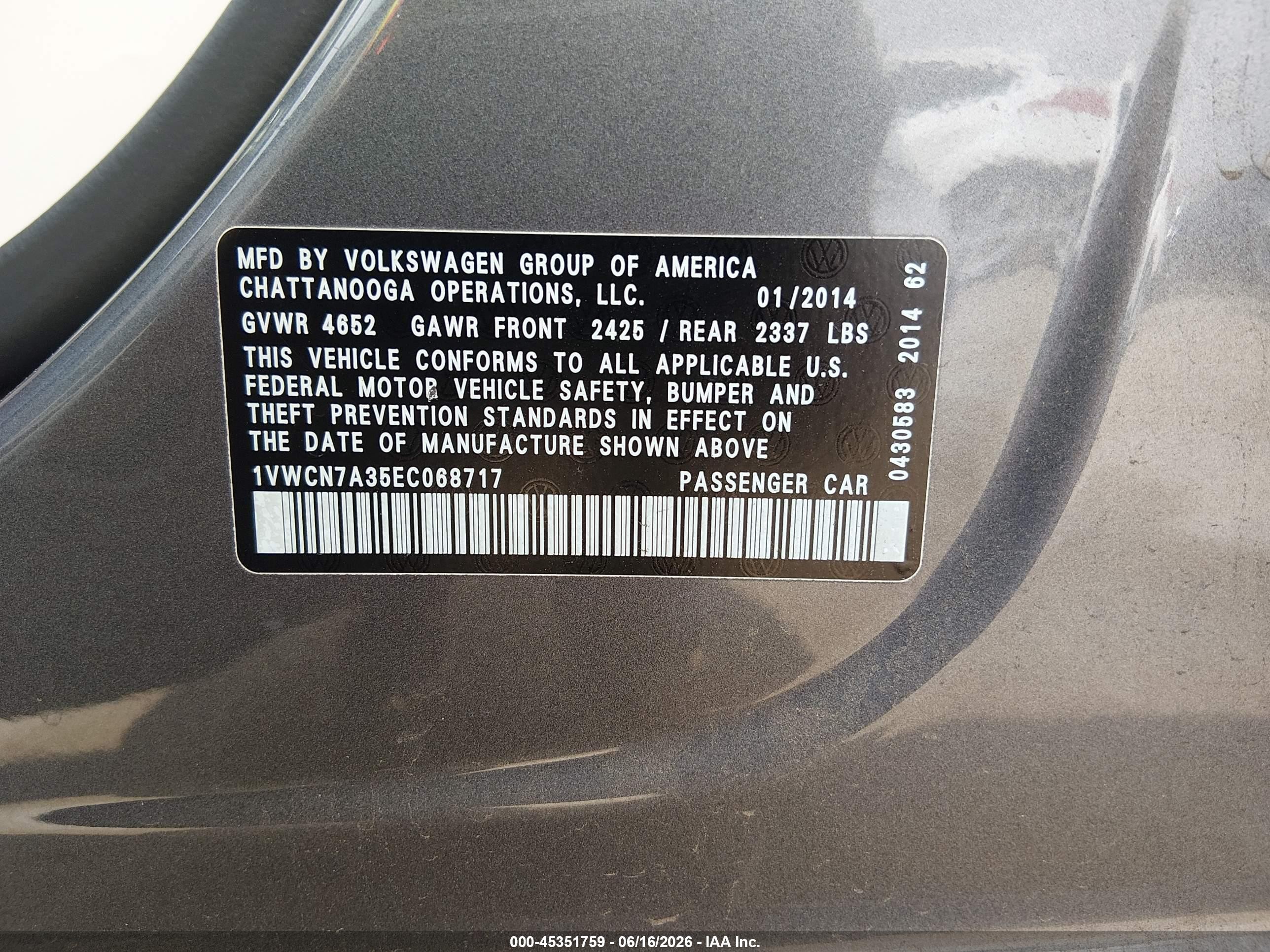 2014 Volkswagen Passat 2.0l Tdi Sel Premium Gray vin: 1VWCN7A35EC068717