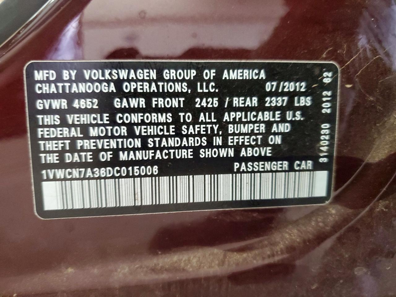 2013 Volkswagen Passat Sel Burgundy vin: 1VWCN7A36DC015006