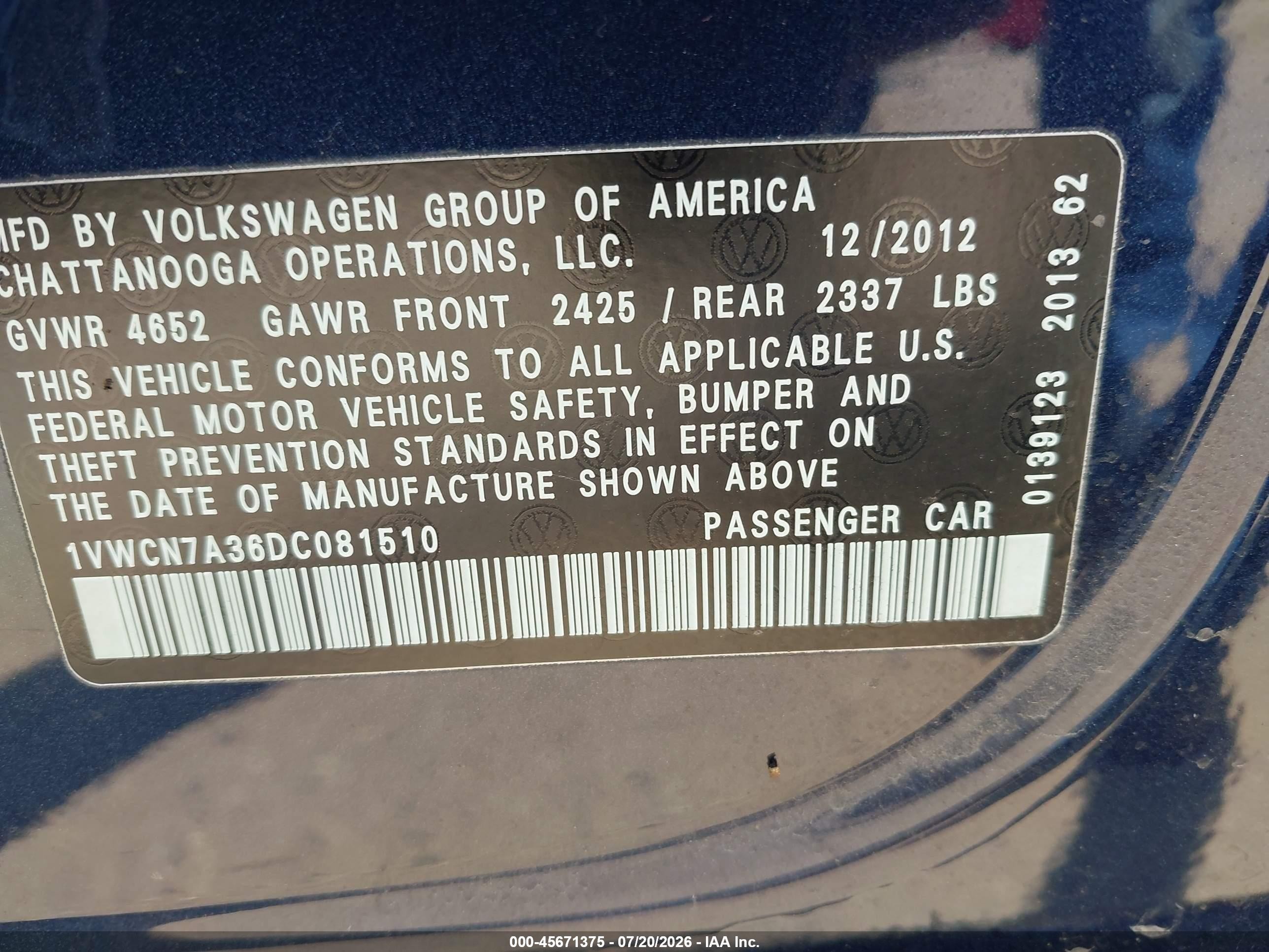 2013 Volkswagen Passat 2.0l Tdi Sel Premium Blue vin: 1VWCN7A36DC081510