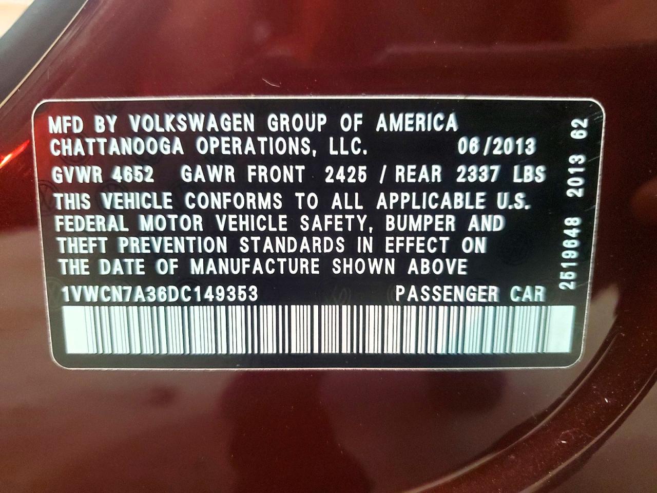 2013 Volkswagen Passat Sel Burgundy vin: 1VWCN7A36DC149353