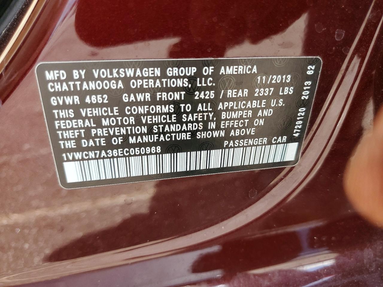 2014 Volkswagen Passat Sel Burgundy vin: 1VWCN7A36EC050968
